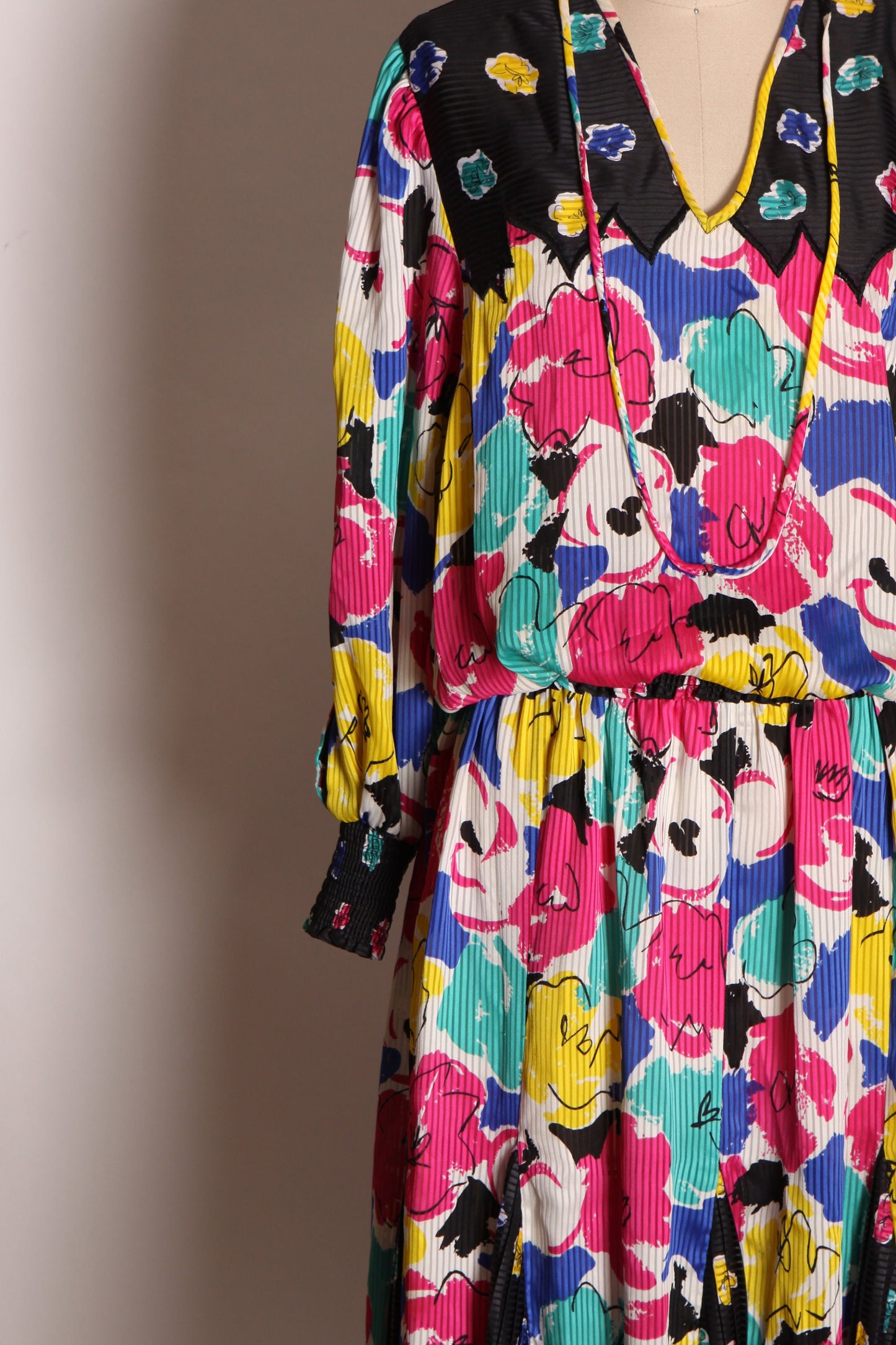 1980s Two Piece Black, Pink and Yellow Abstract Floral Print Blouse with Matching Skirt Outfit by Indigo Lites