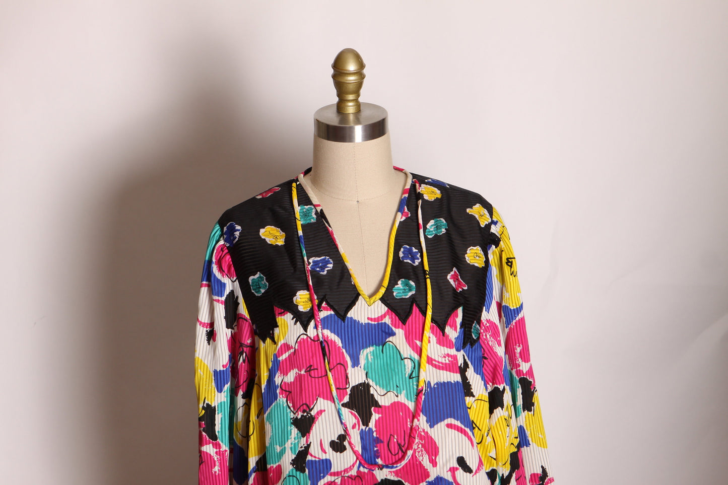 1980s Two Piece Black, Pink and Yellow Abstract Floral Print Blouse with Matching Skirt Outfit by Indigo Lites