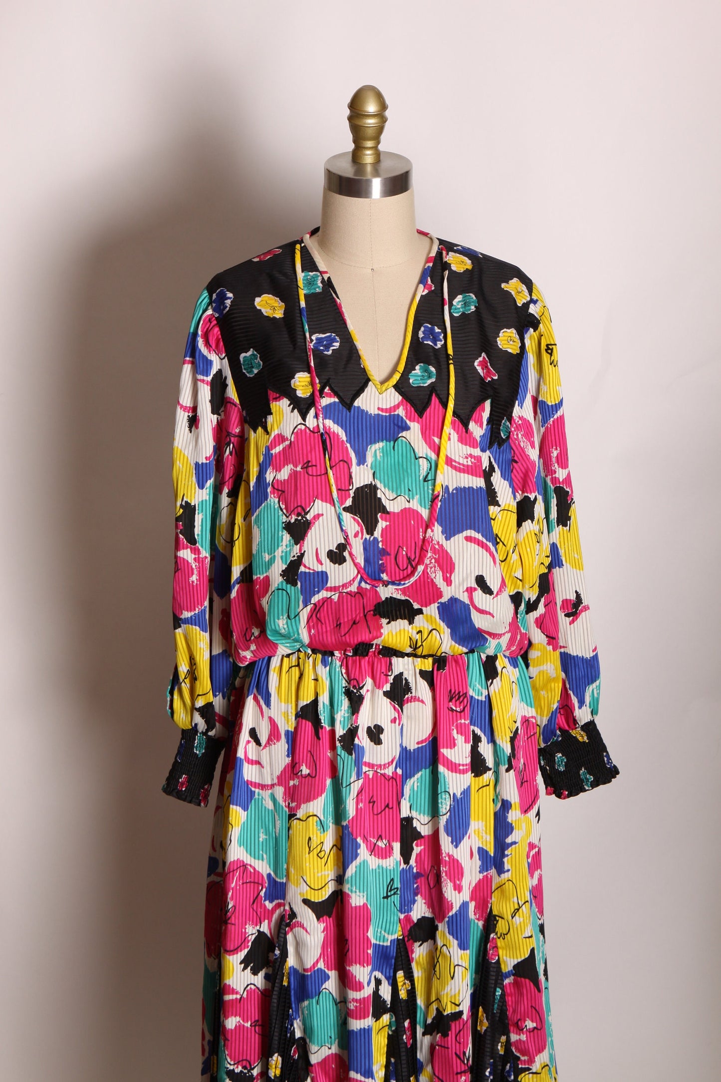 1980s Two Piece Black, Pink and Yellow Abstract Floral Print Blouse with Matching Skirt Outfit by Indigo Lites