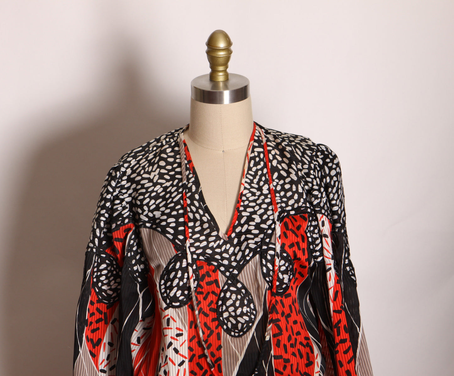 1980s Two Piece Black, Red and White Abstract Print Blouse with Matching Skirt Outfit by Indigo Lites