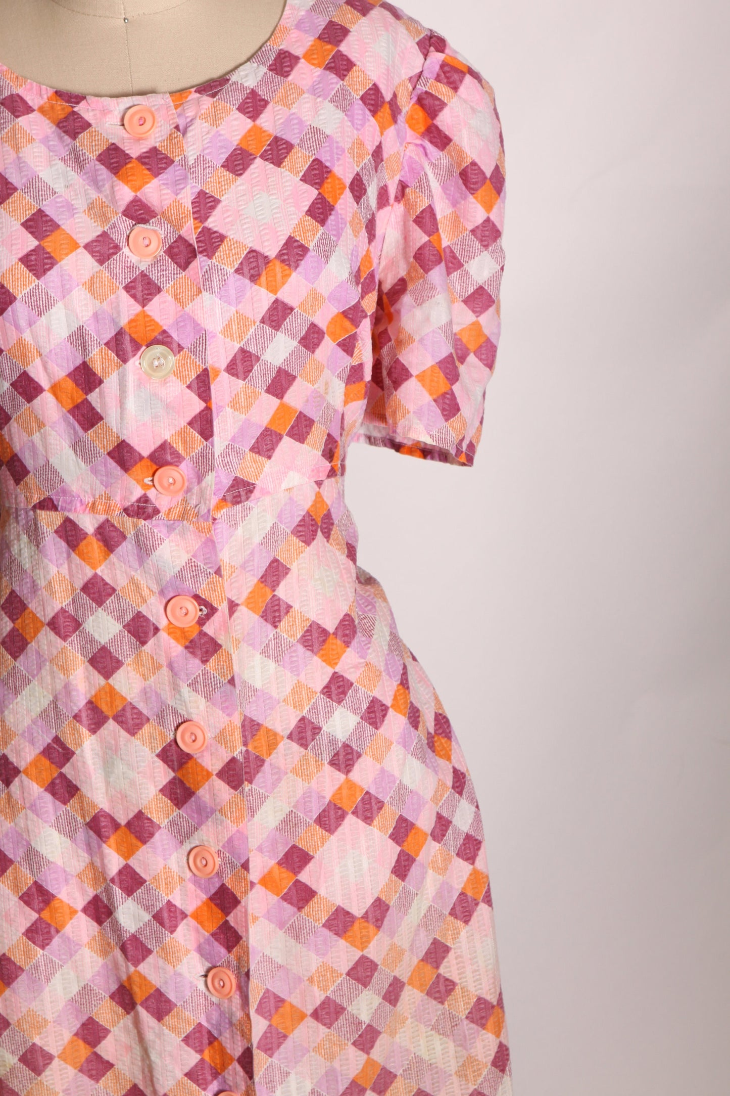 1970s Pink and Orange Geometric Square Puffy Short Sleeve Button Up Dress -L