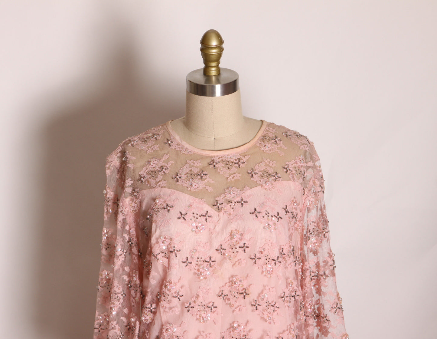 1960s Sheer Pink Lace Sequin Beaded 3/4 Length Sleeve Volup Shift Dress by Baronessa -2XL