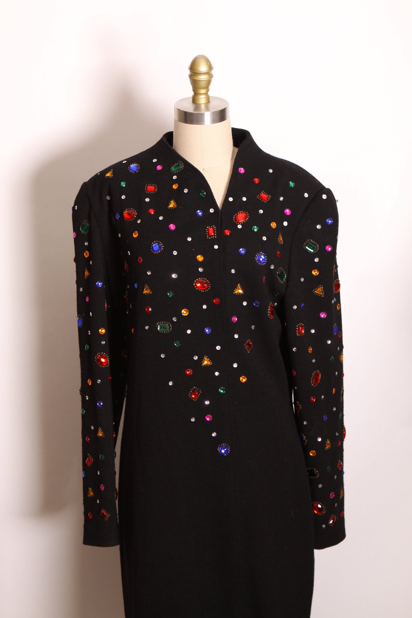 1980s Multi-Colored Rainbow Gemstone Bedazzled Black Knit Long Sleeve Christmas Dress by Pia Rucci -L
