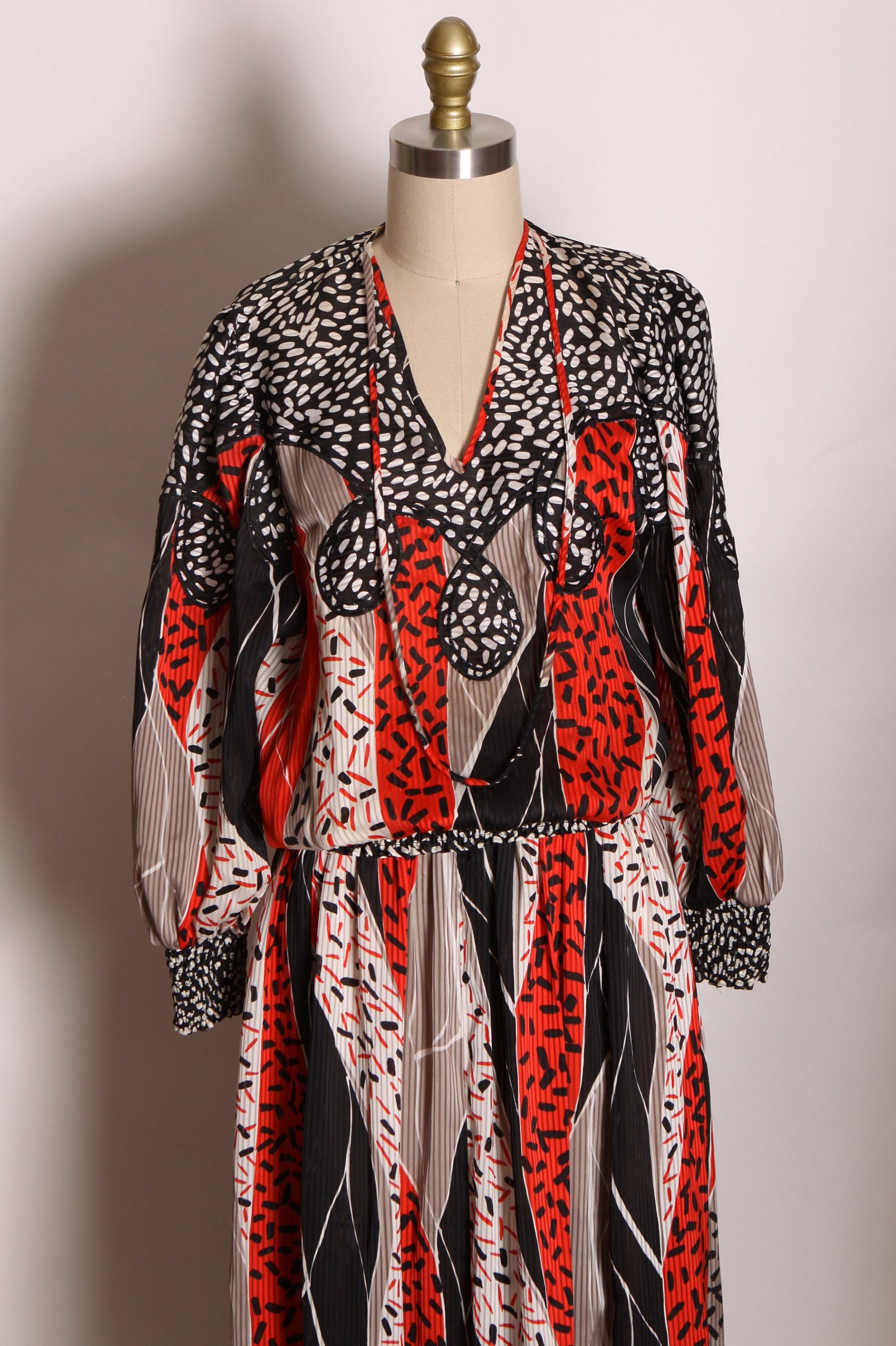 1980s Two Piece Black, Red and White Abstract Print Blouse with Matching Skirt Outfit by Indigo Lites
