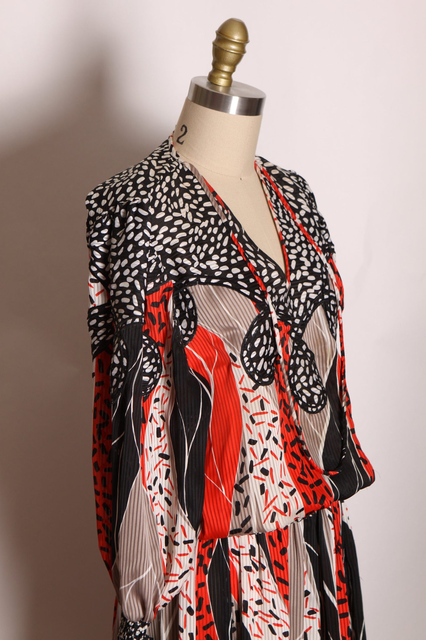 1980s Two Piece Black, Red and White Abstract Print Blouse with Matching Skirt Outfit by Indigo Lites