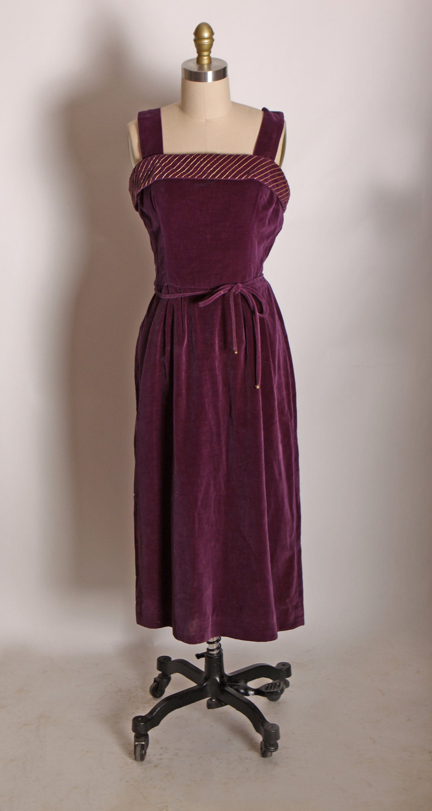 1950s Purple Wide Strap Belted Gold Detail Wiggle Dress with Matching Short Sleeve Jacket by Koret of California