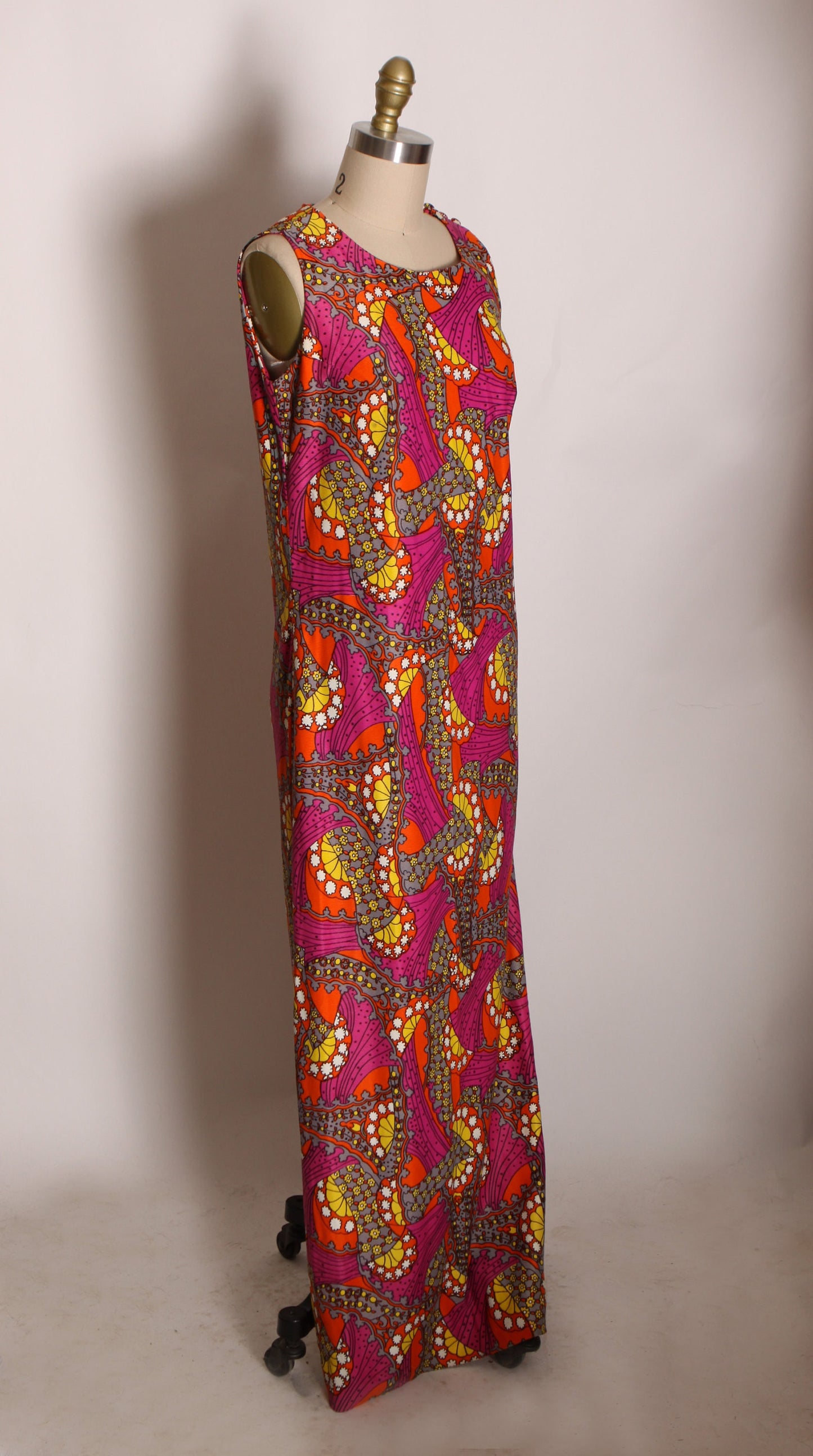 1960s Pink, Yellow and Orange Abstract Swirl Psychedelic Peter Max Style Full Length Button Up Side Sleeveless Dress by Toty Original -M