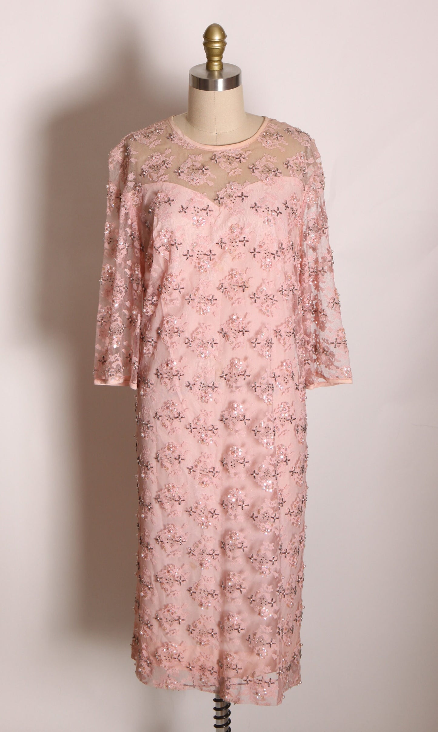 1960s Sheer Pink Lace Sequin Beaded 3/4 Length Sleeve Volup Shift Dress by Baronessa -2XL