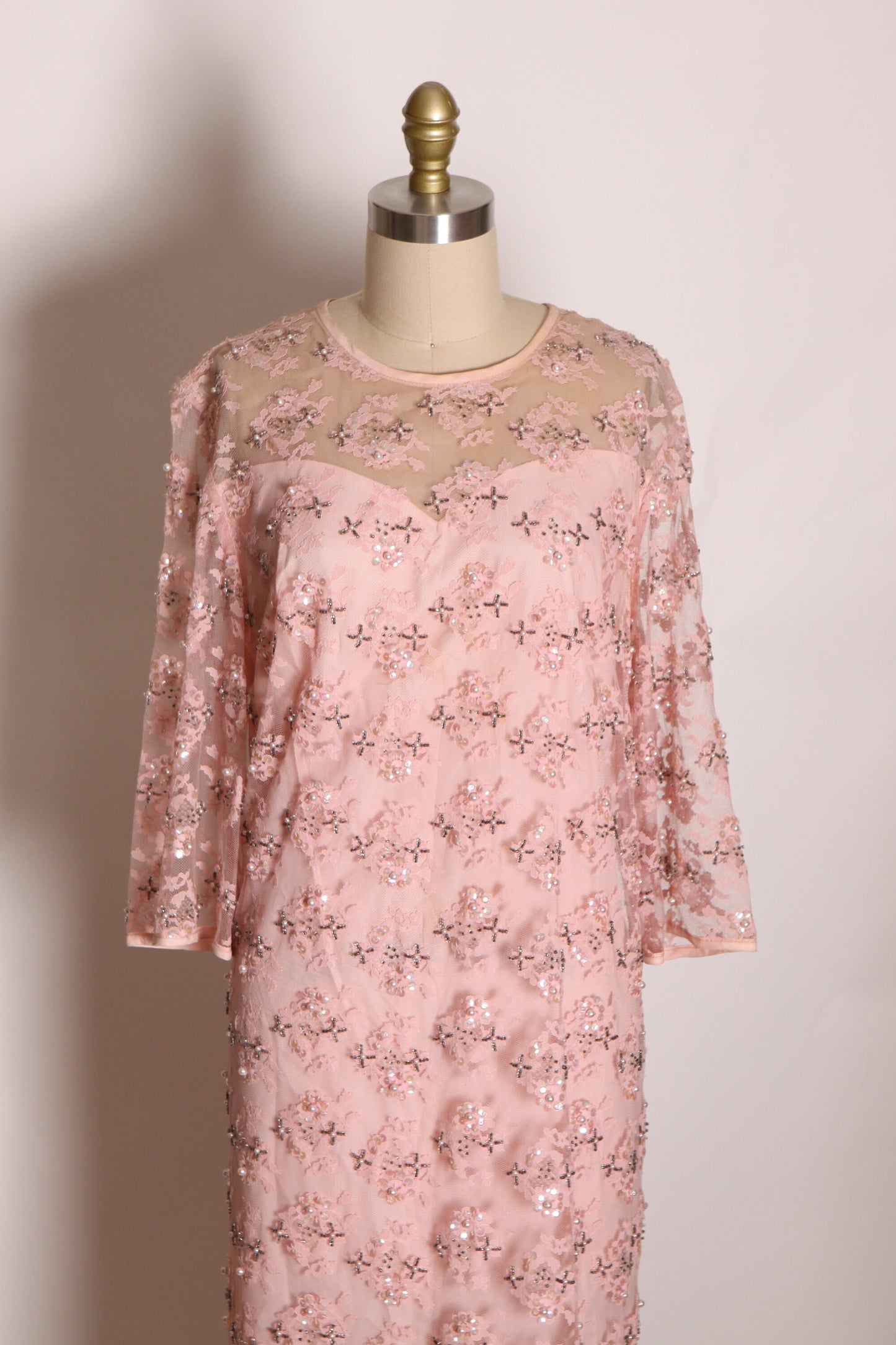 1960s Sheer Pink Lace Sequin Beaded 3/4 Length Sleeve Volup Shift Dress by Baronessa -2XL