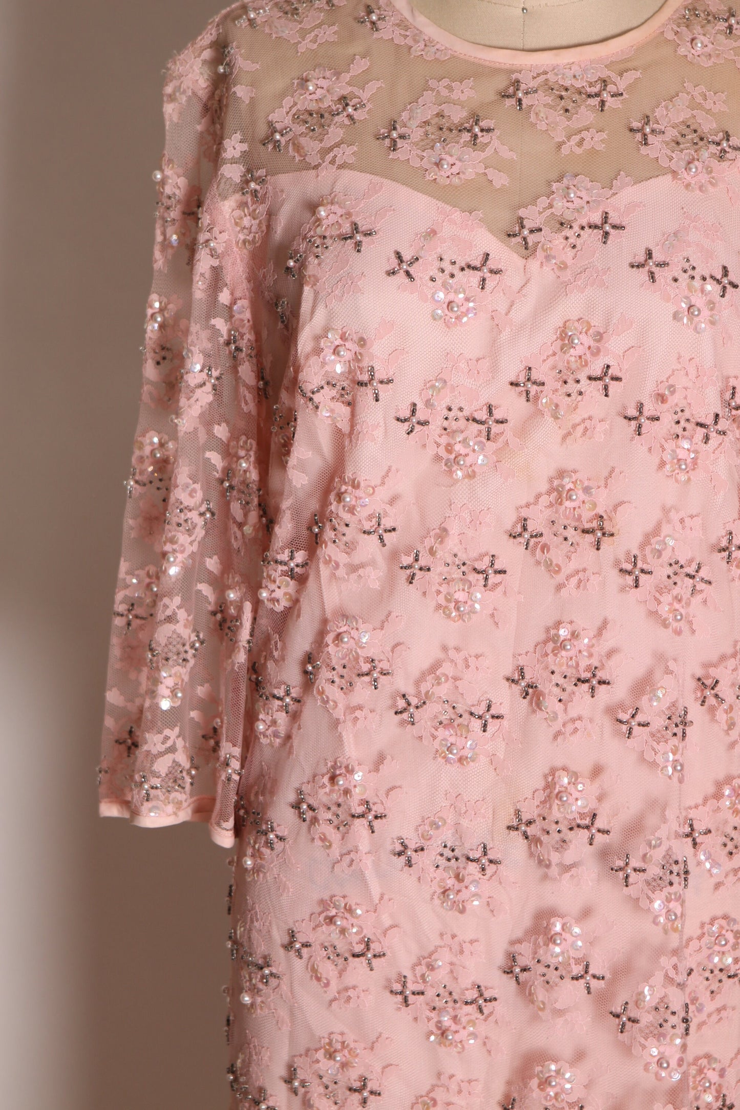 1960s Sheer Pink Lace Sequin Beaded 3/4 Length Sleeve Volup Shift Dress by Baronessa -2XL