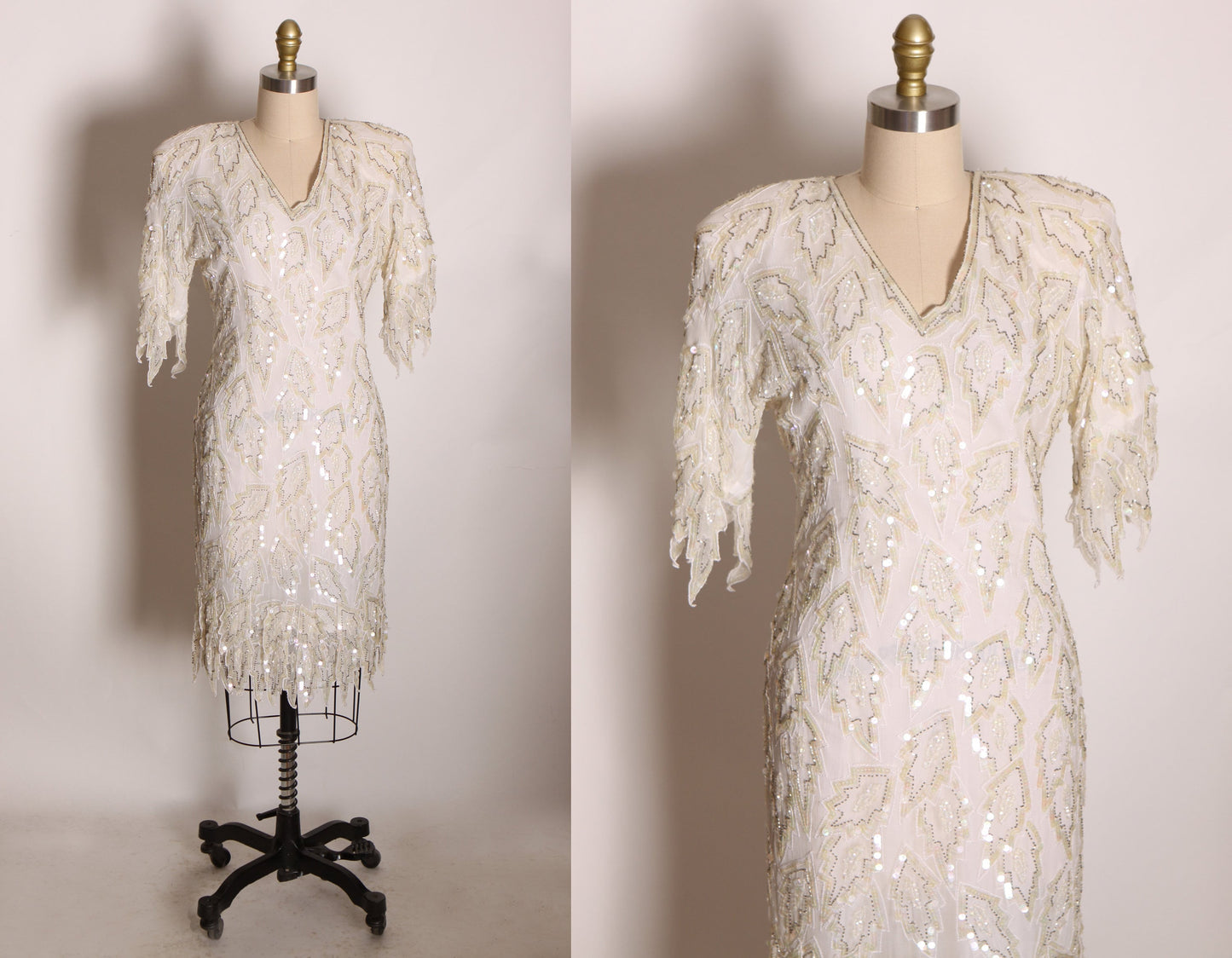 1980s White Short Sleeve Flame Fringes Sequin Beaded Flapper Style Dress by Carina -S