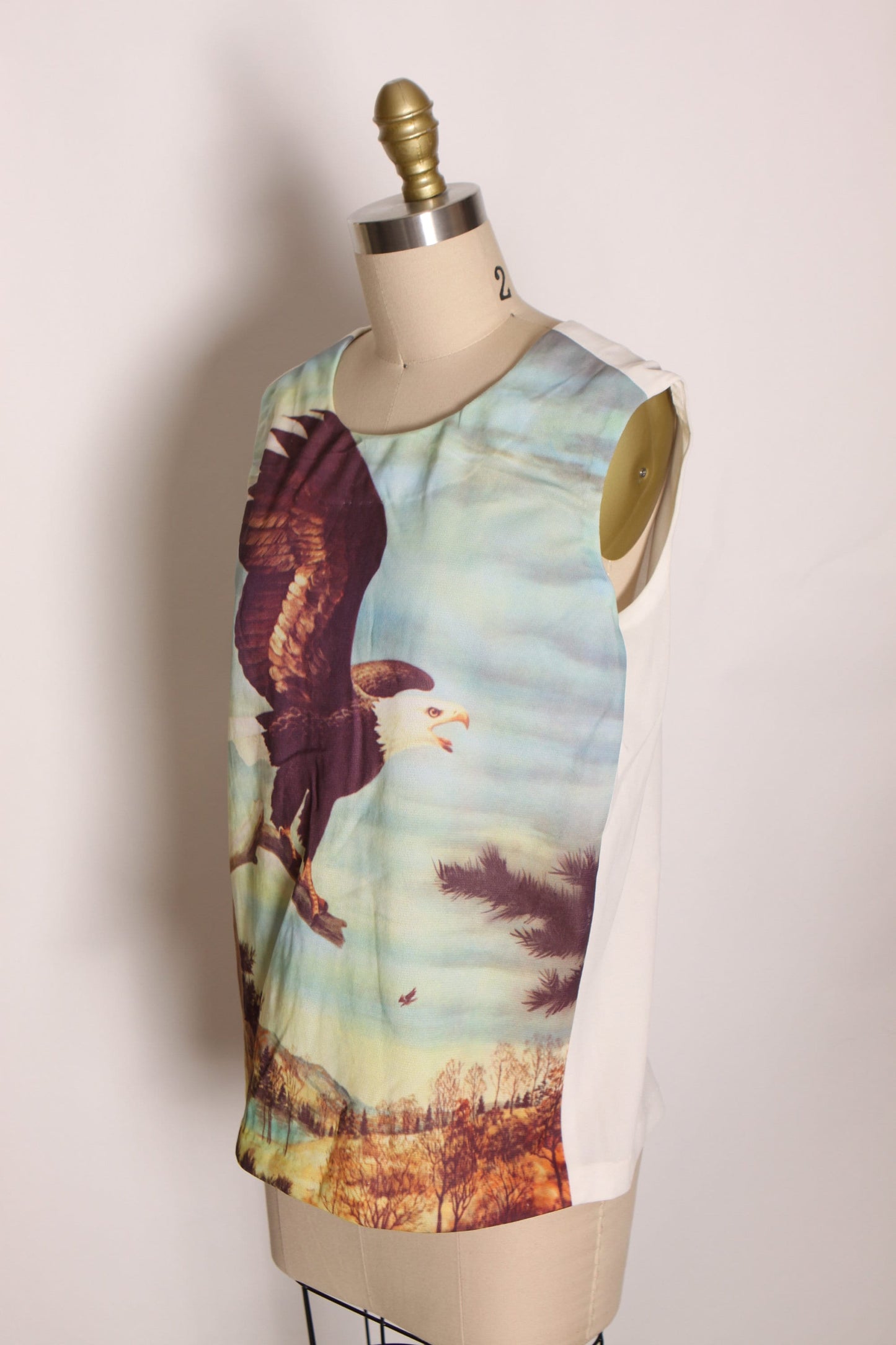 1970s Novelty Photograph Bald Eagle America 4th of July Sleeveless Blouse -L