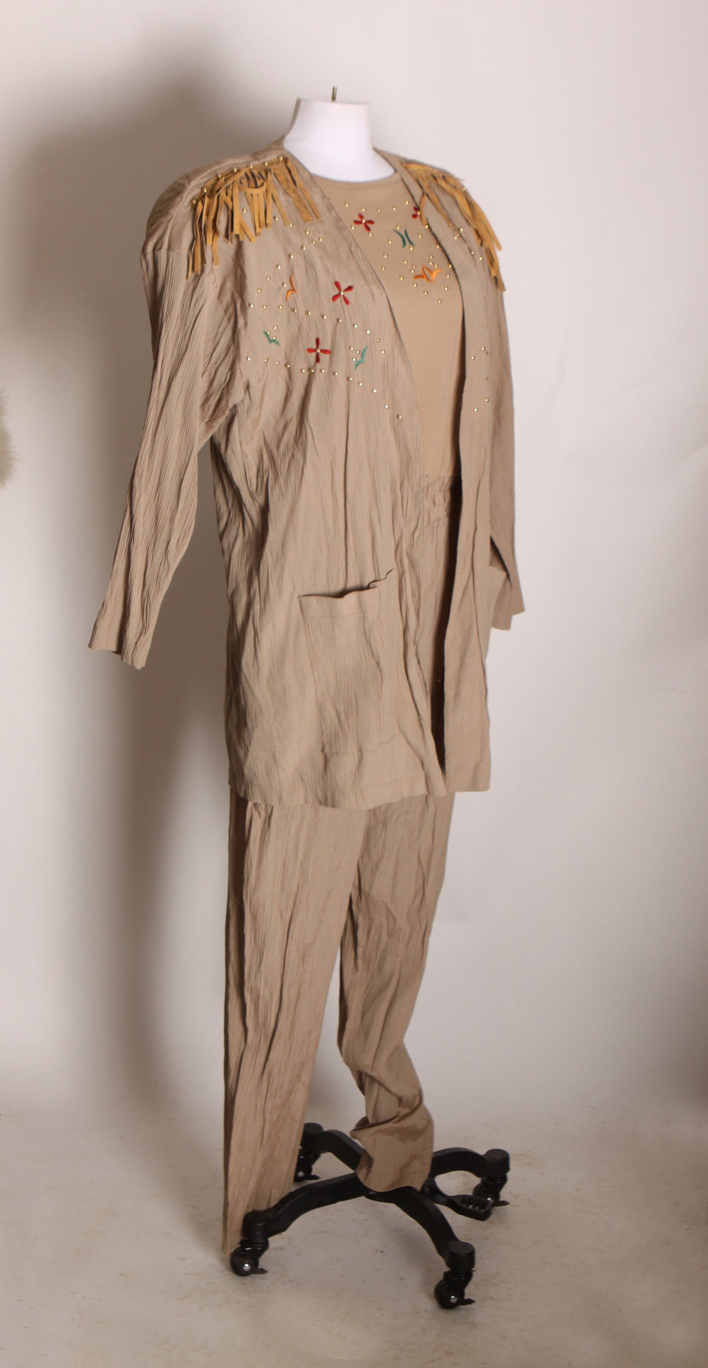 1980s Tan Short Sleeve Bedazzled and Beaded One apiece Jumpsuit with Matching Fringe Long Sleeve Jacket by Adolfo II -M