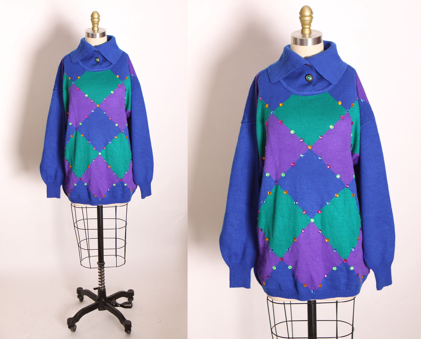 1980s Blue, Purple and Teal Green Long Sleeve Harlequin Bedazzled Pullover Sweater by R&K Originals