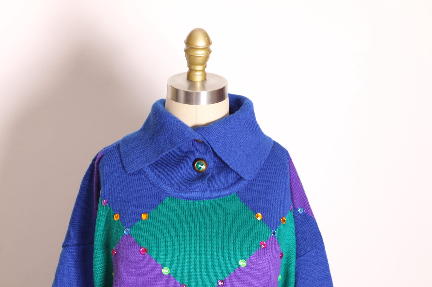 1980s Blue, Purple and Teal Green Long Sleeve Harlequin Bedazzled Pullover Sweater by R&K Originals
