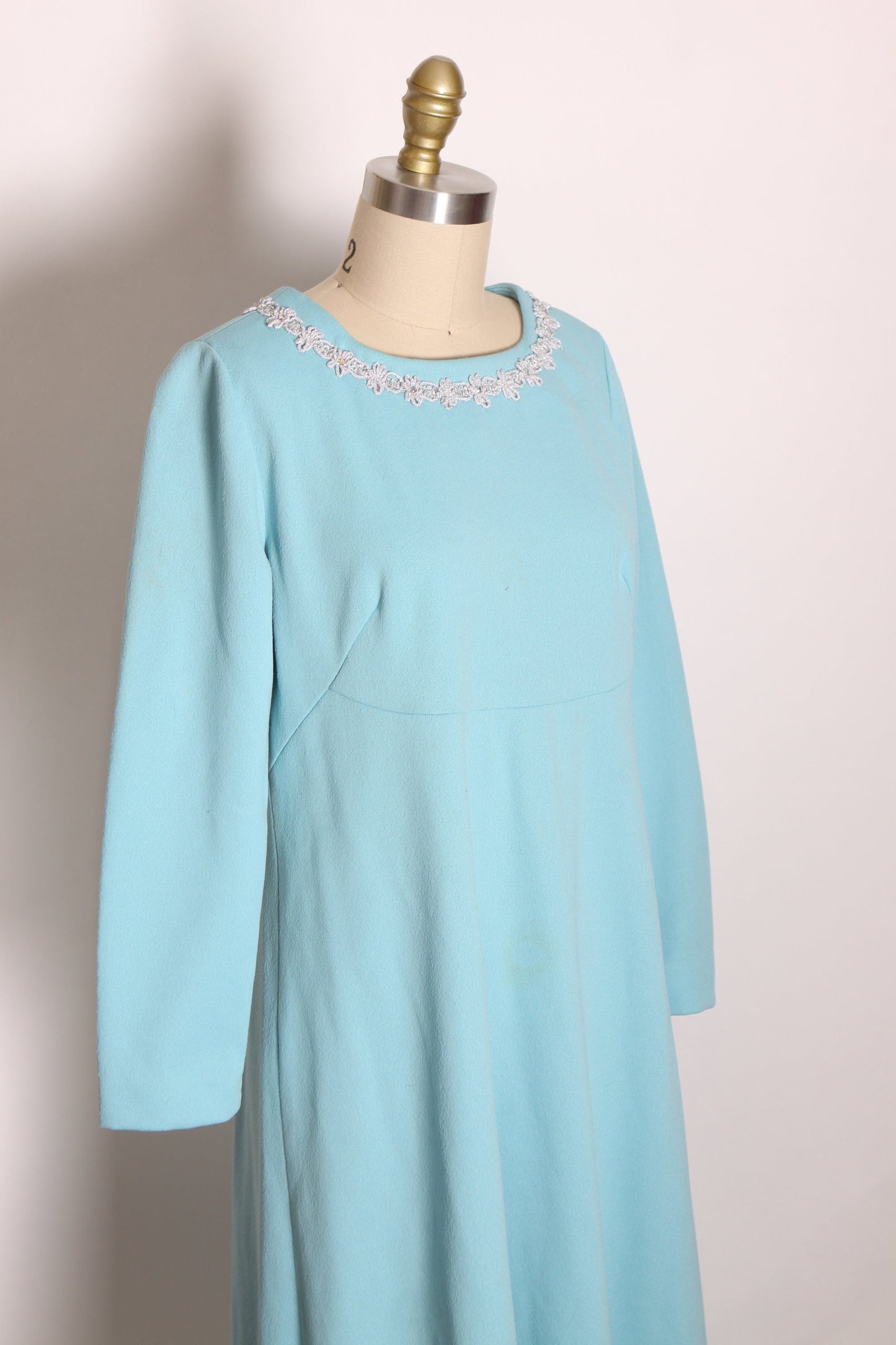 1960s Blue 3/4 Length Sleeve Empire Waist Silver Trim Mod Dress -L