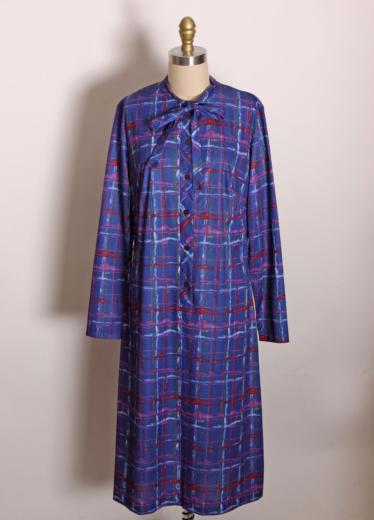 1970s Blue, Red and Purple Plaid Long Sleeve Button Up Pussybow Dress by Lady Blair -M