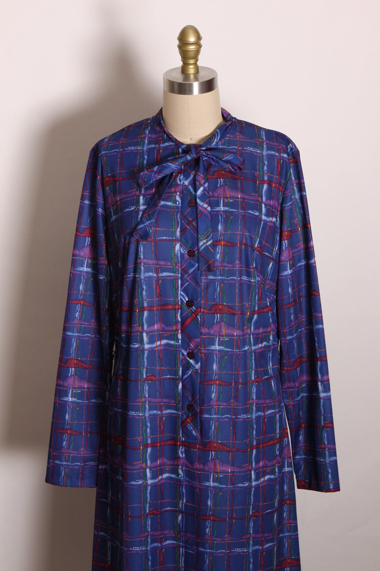 1970s Blue, Red and Purple Plaid Long Sleeve Button Up Pussybow Dress by Lady Blair -M
