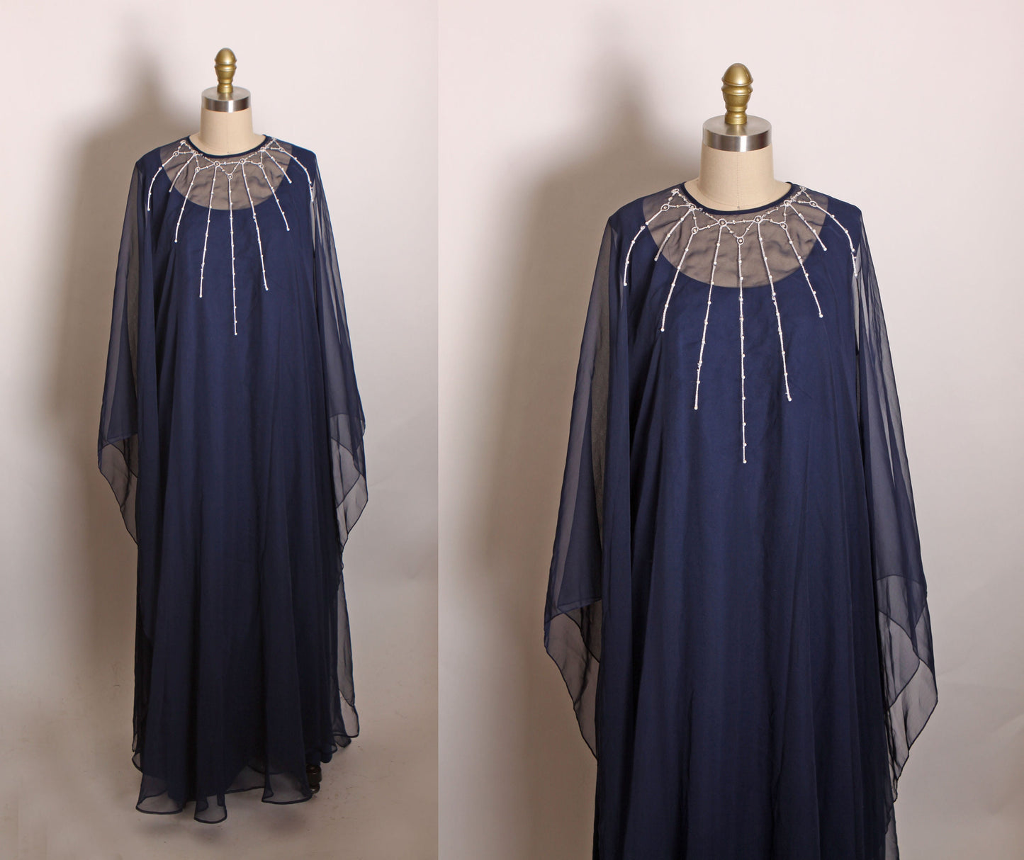 1970s Navy Blue Sleeveless Full Length Polyester Plus Size Dress with Matching Silver Spiderweb Detail Sheer Draped Caftan Cape -1XL