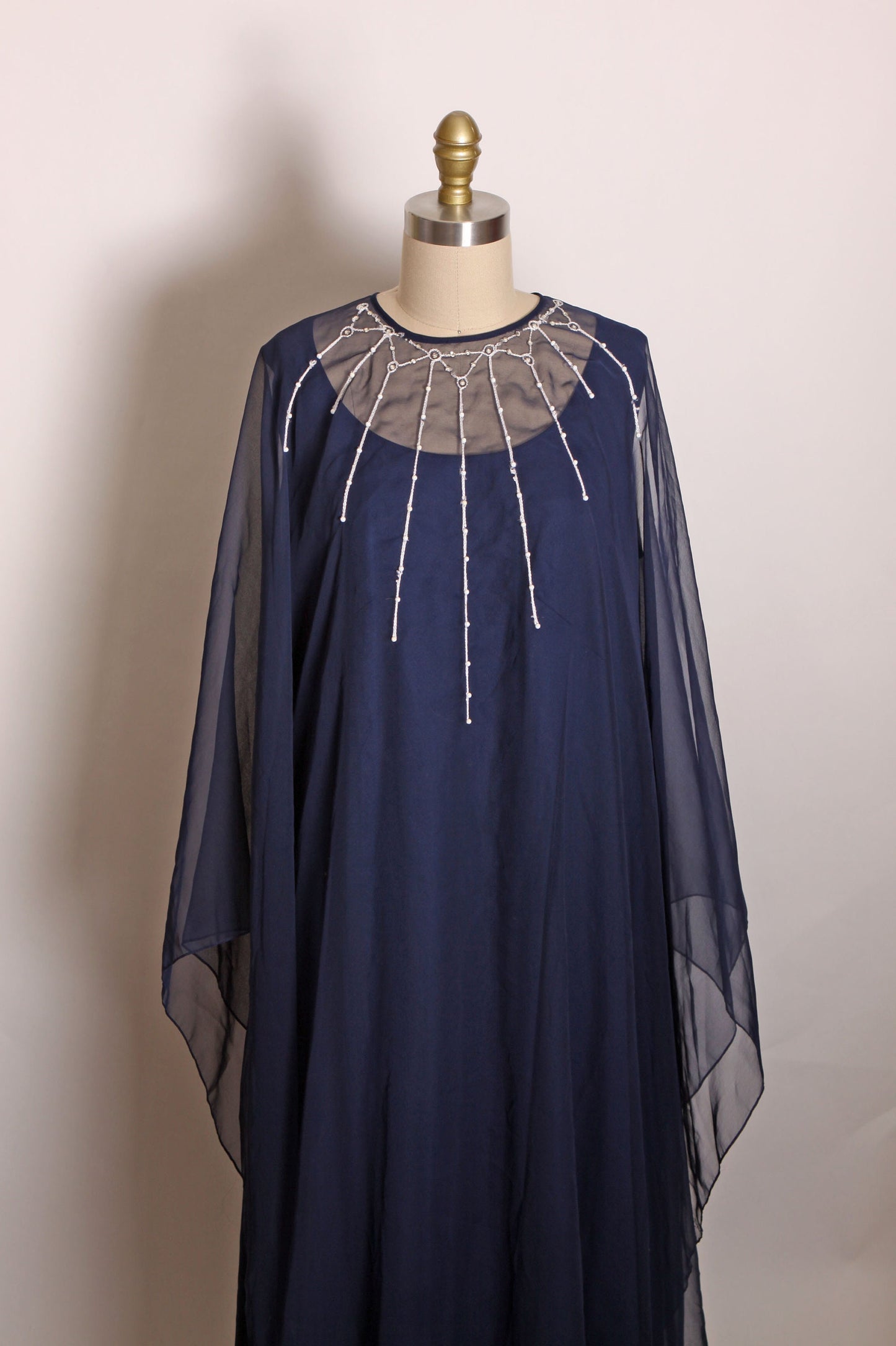 1970s Navy Blue Sleeveless Full Length Polyester Plus Size Dress with Matching Silver Spiderweb Detail Sheer Draped Caftan Cape -1XL