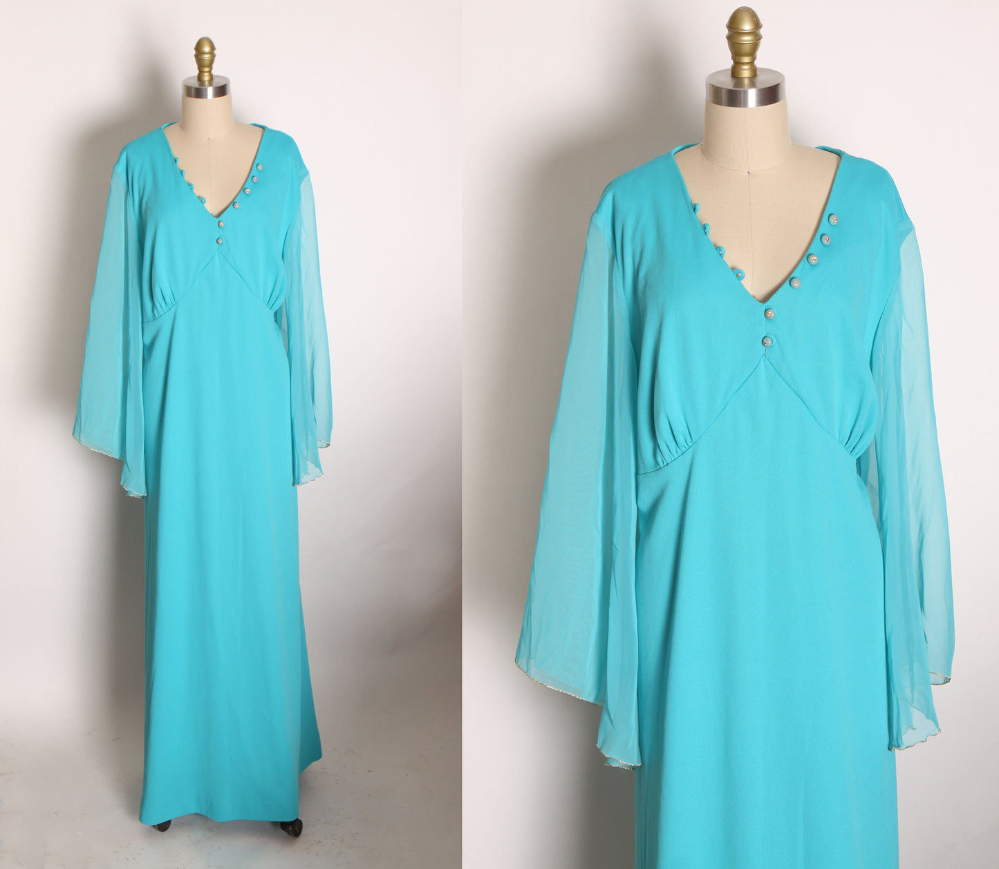 1970s Turquoise Blue and Gold Sleeve Trim Sheer Angel Wing Sleeve Full Length Formal Plus Size Prom Dress by Lily Lynn -2XL