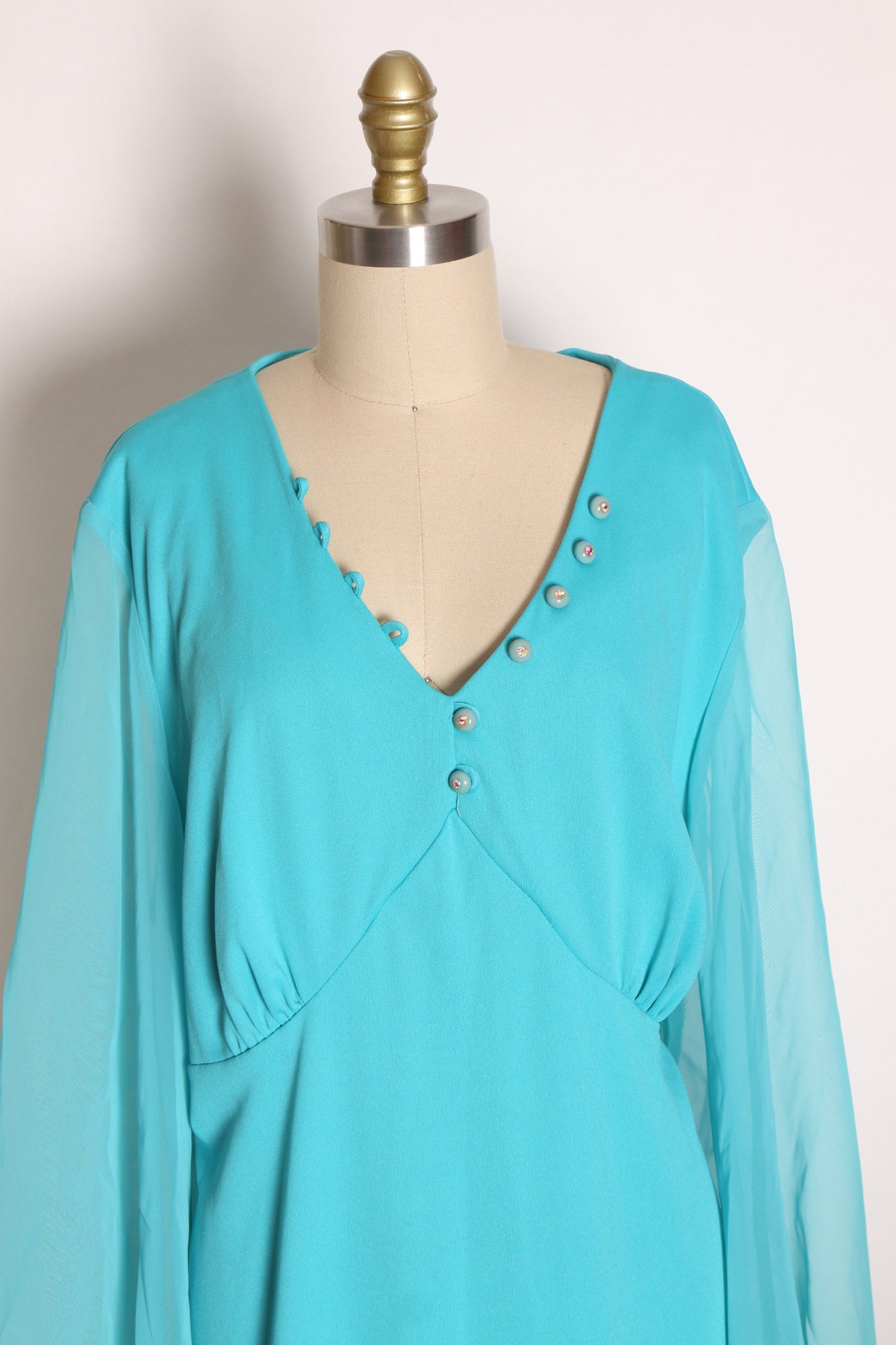 1970s Turquoise Blue and Gold Sleeve Trim Sheer Angel Wing Sleeve Full Length Formal Plus Size Prom Dress by Lily Lynn -2XL