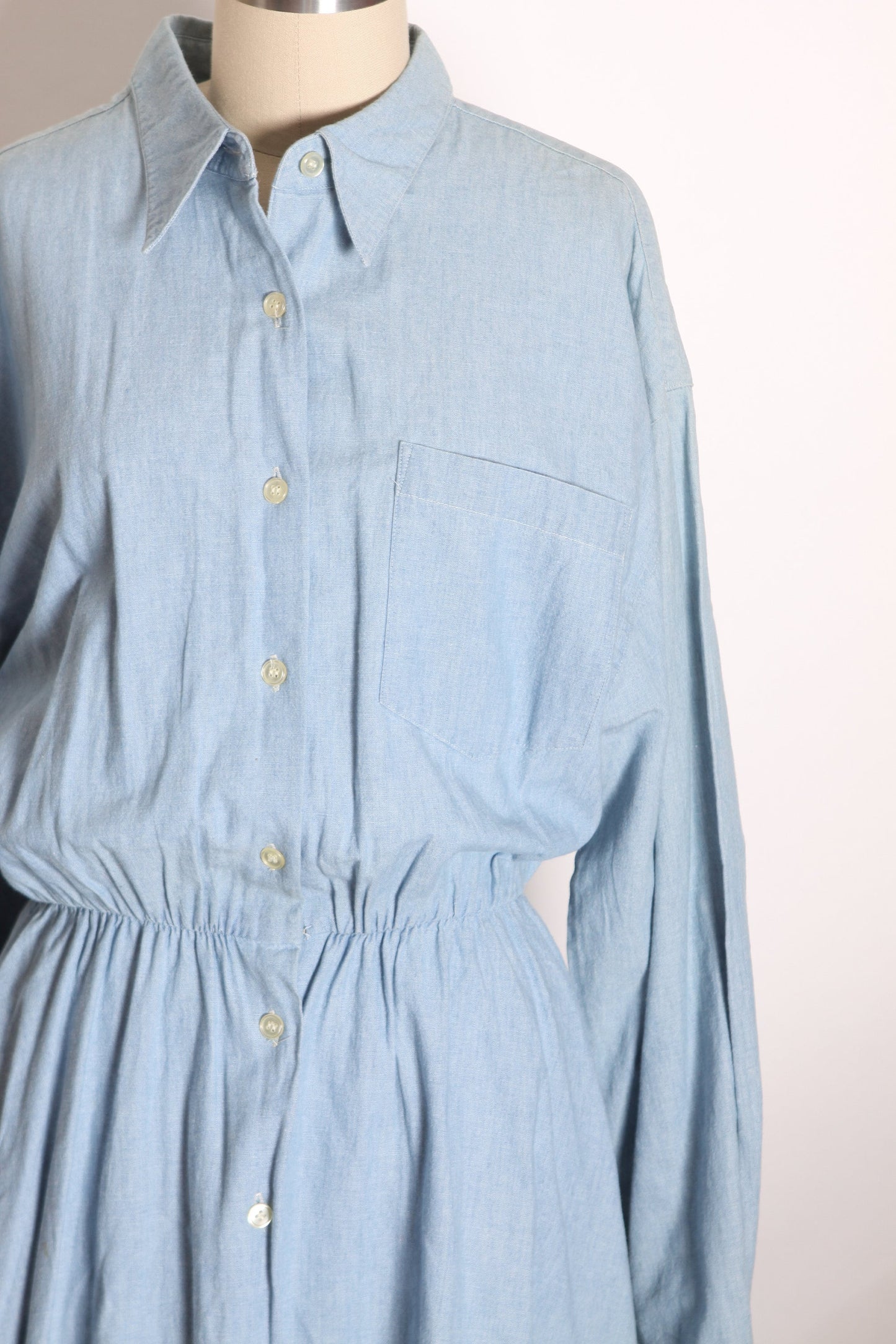 1980s Light Blue Denim Button Up Fit and Flare Long Sleeve Dress by Cambridge Dry Goods Company -L