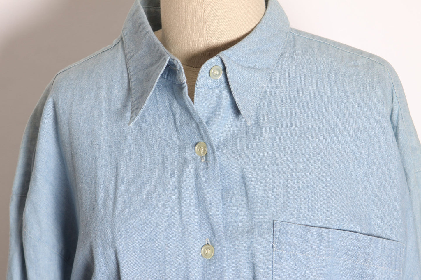 1980s Light Blue Denim Button Up Fit and Flare Long Sleeve Dress by Cambridge Dry Goods Company -L