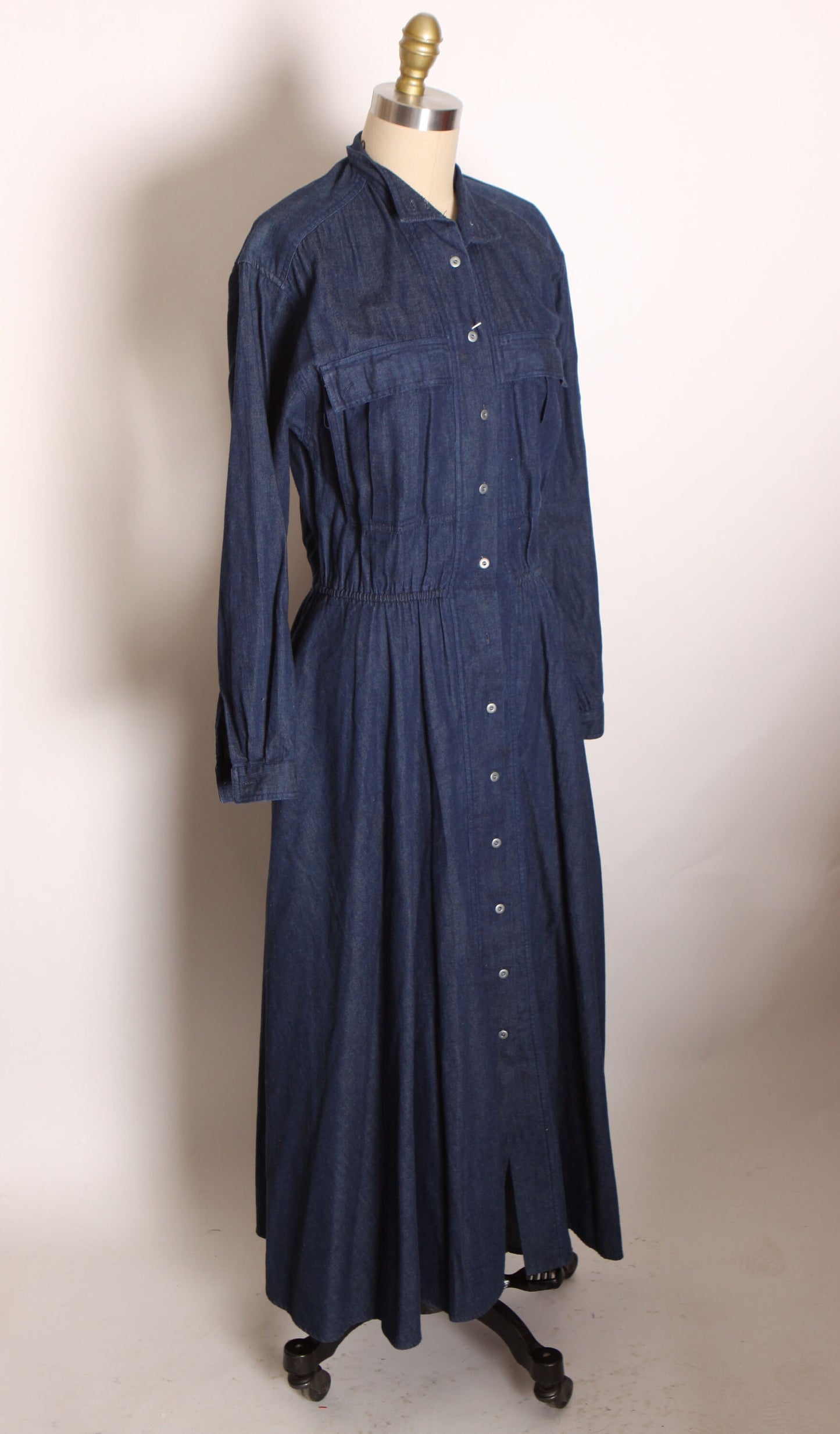 1980s Blue Denim Button Up Fit and Flare Long Sleeve Dress by Andrew Harvey -L