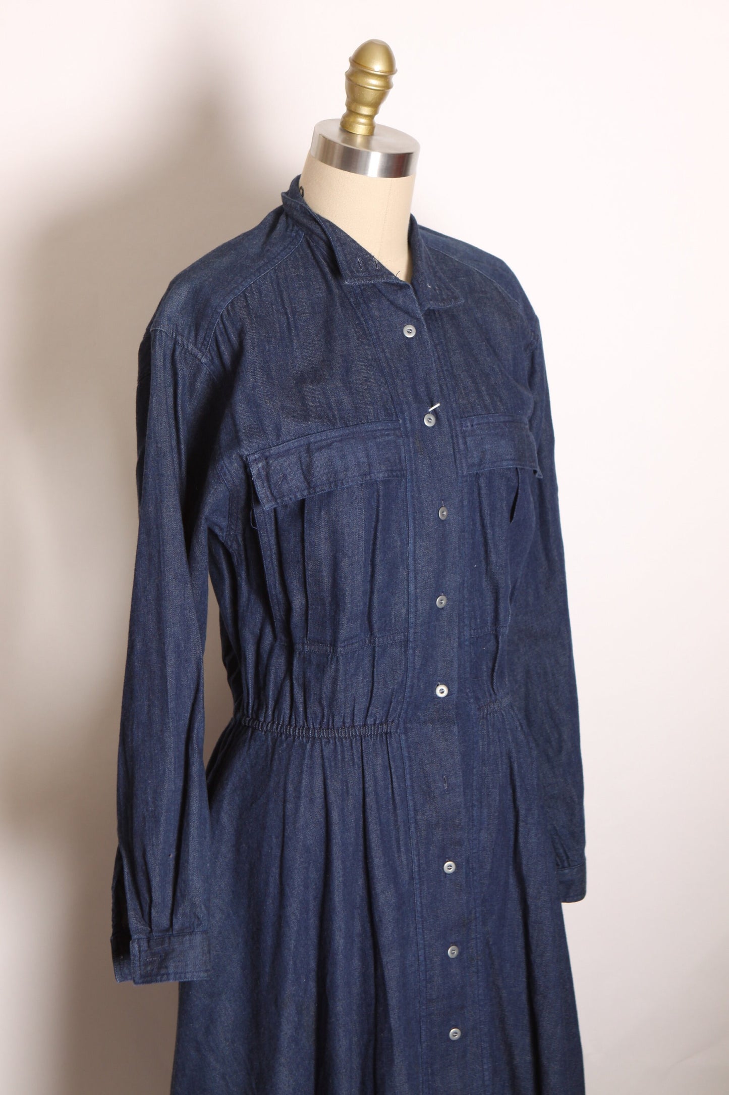 1980s Blue Denim Button Up Fit and Flare Long Sleeve Dress by Andrew Harvey -L