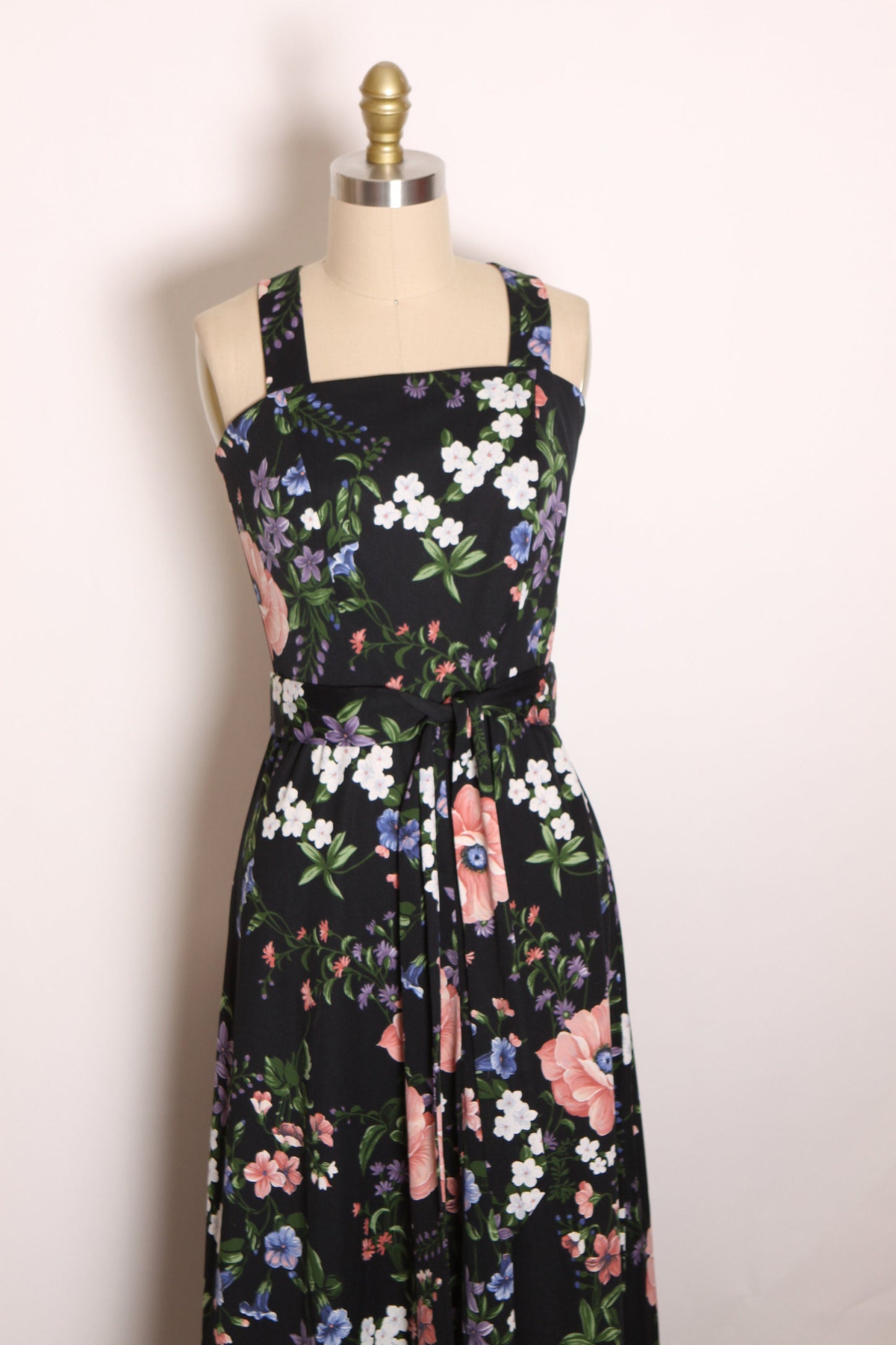 1970s Black, White, Blue, Green and Pink Floral Criss Cross Wide Strap Full Length Dress -S