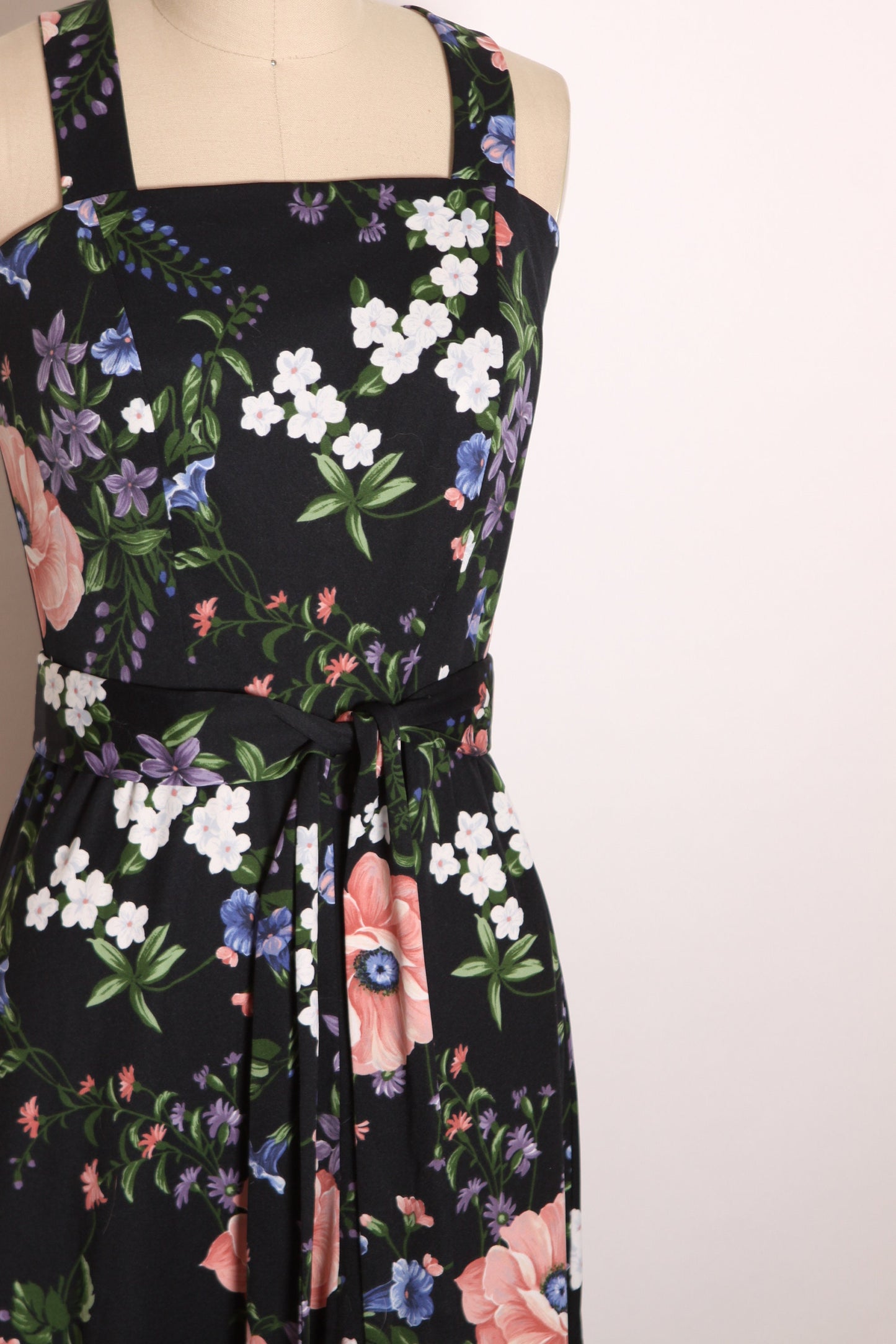1970s Black, White, Blue, Green and Pink Floral Criss Cross Wide Strap Full Length Dress -S