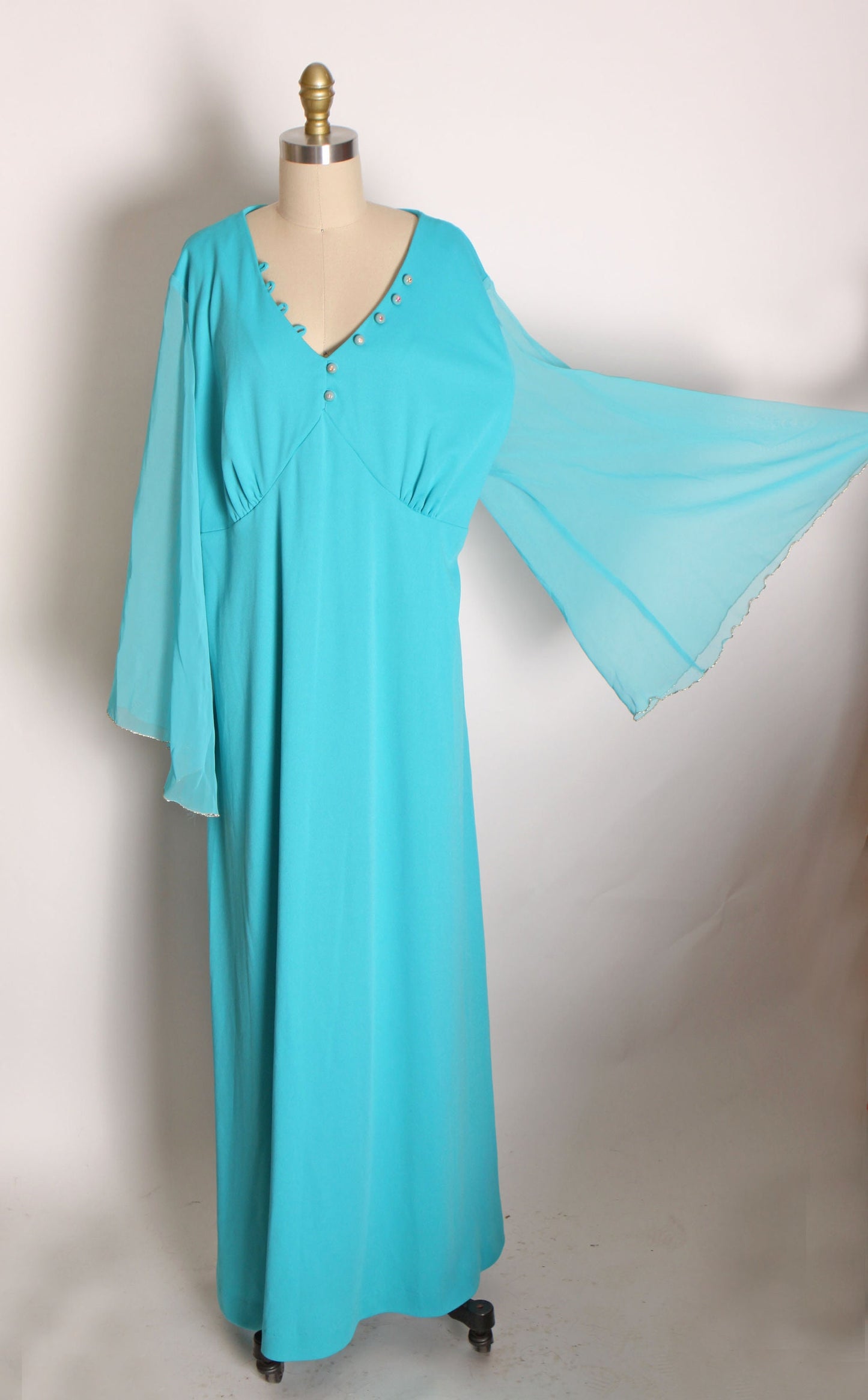 1970s Turquoise Blue and Gold Sleeve Trim Sheer Angel Wing Sleeve Full Length Formal Plus Size Prom Dress by Lily Lynn -2XL