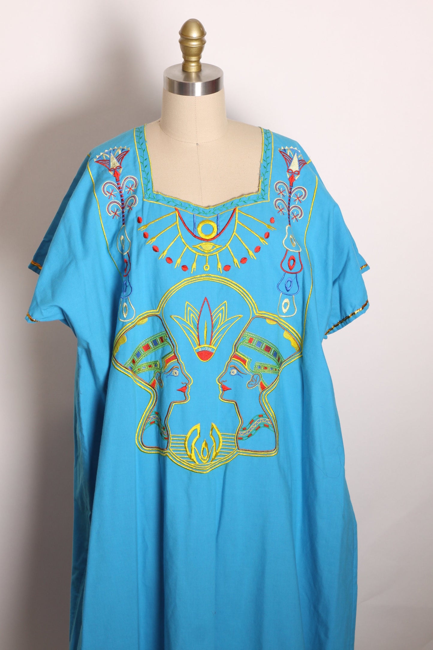 1980s Turquoise, Golden Yellow and Red Novelty Embroidered Egyptian Short Sleeve Caftan Dress