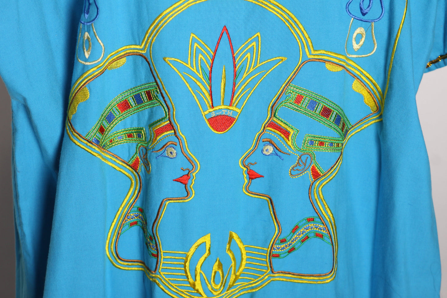 1980s Turquoise, Golden Yellow and Red Novelty Embroidered Egyptian Short Sleeve Caftan Dress
