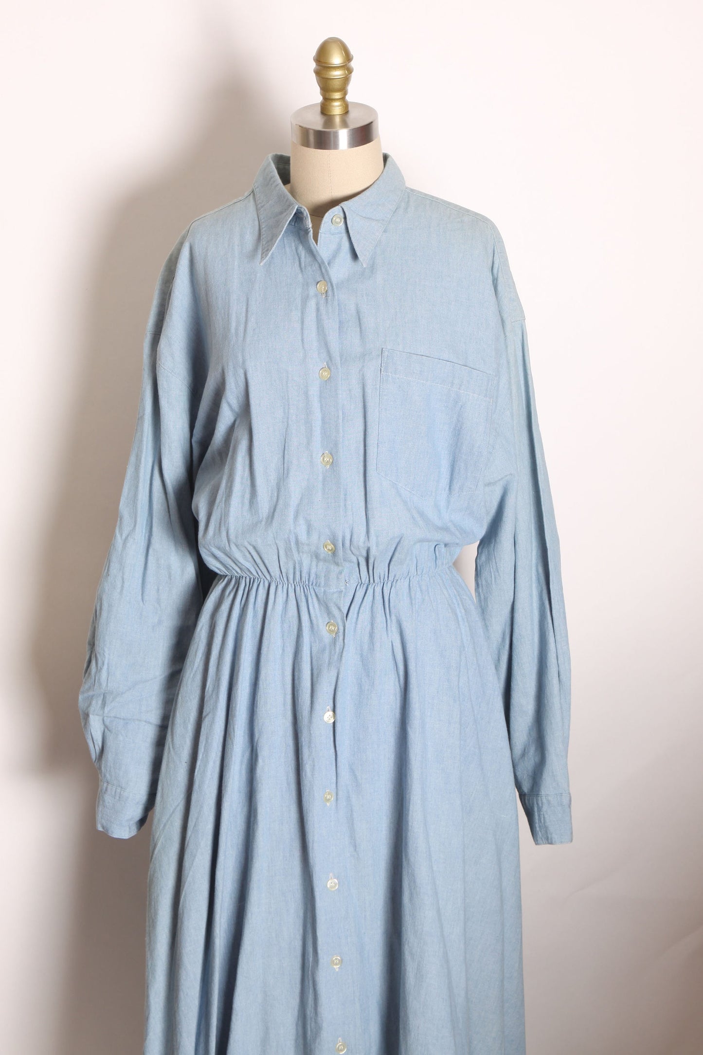 1980s Light Blue Denim Button Up Fit and Flare Long Sleeve Dress by Cambridge Dry Goods Company -L