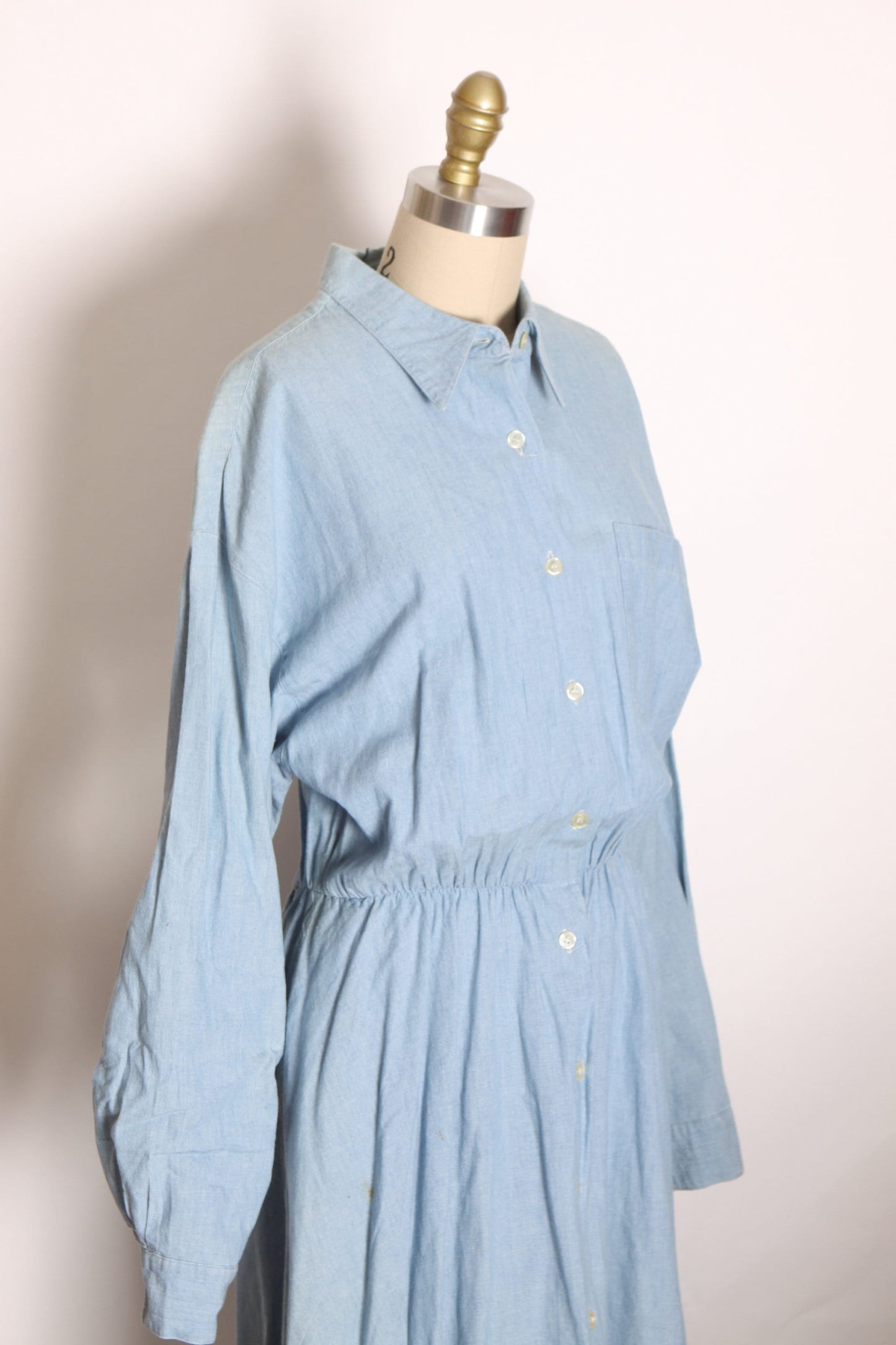 1980s Light Blue Denim Button Up Fit and Flare Long Sleeve Dress by Cambridge Dry Goods Company -L
