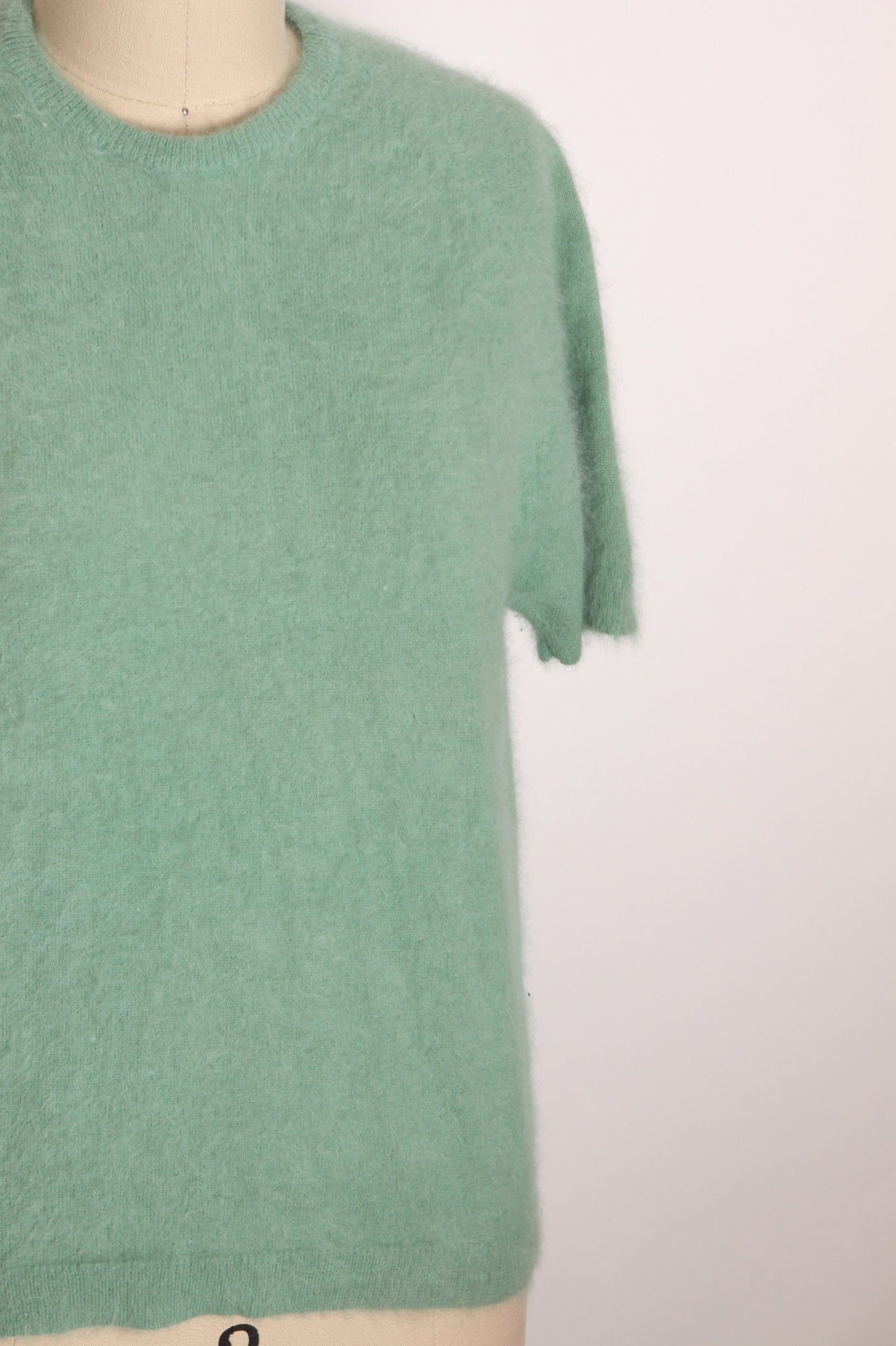 1950s 1960s Mint Blue Green Short Sleeve Angora Pullover Sweater Blouse -L