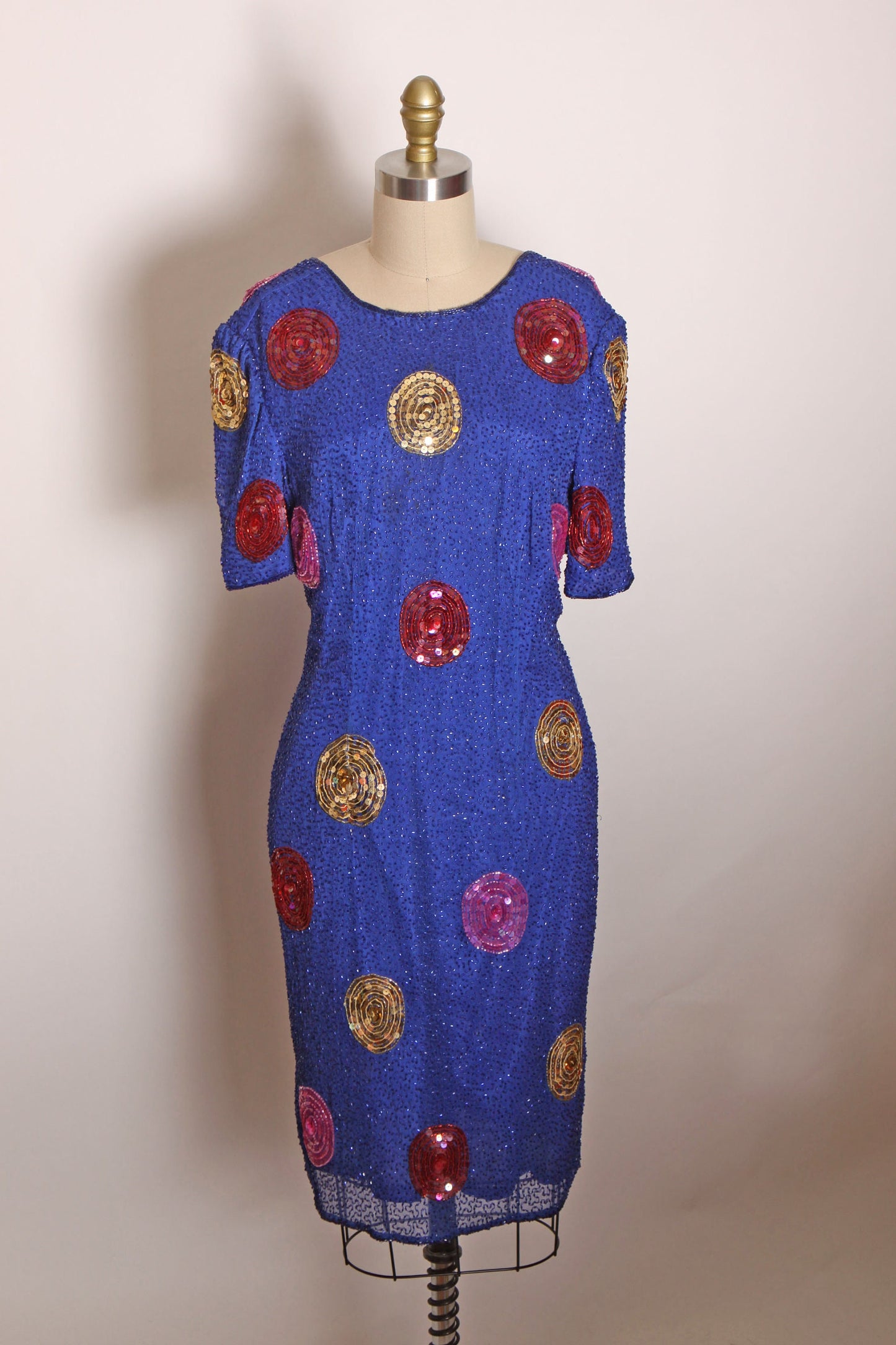 1980s Blue, Pink and Gold Oversized Circle Polka Dot Short Sleeve Formal Dress by Leslie Fay Evenings -M
