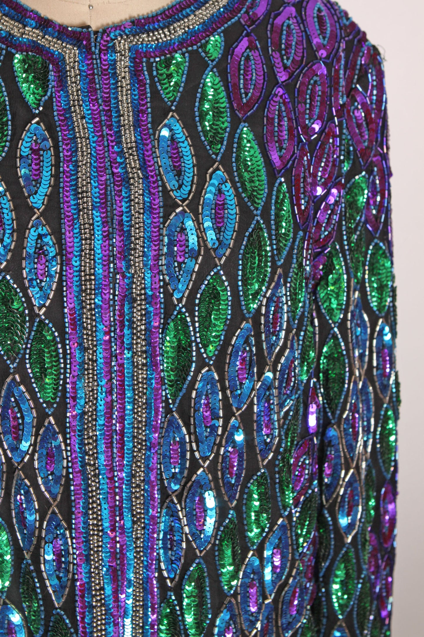 1980s Blue, Purple and Green Geometric Long Sleeve Beaded and Sequin Long Sleeve Cardigan Jacket Silk Jacket