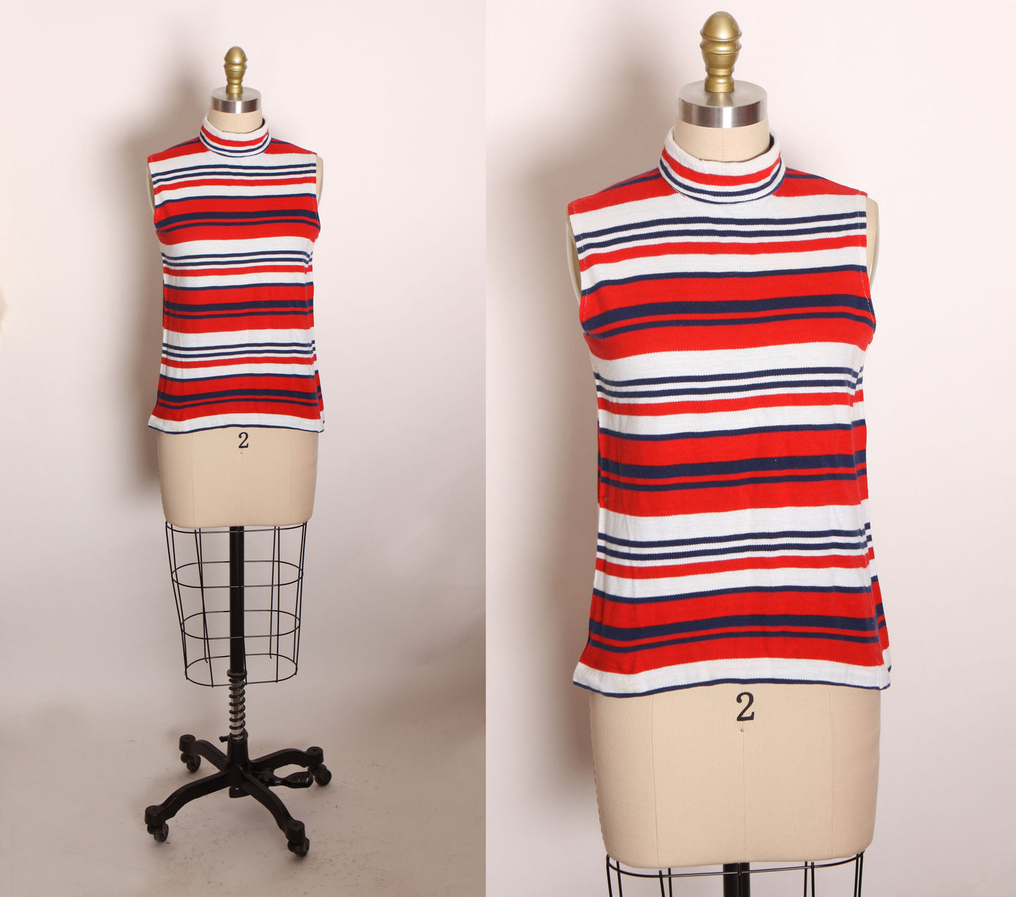 1970s Red, White and Blue Striped Sleeveless Blouse by Sears -S