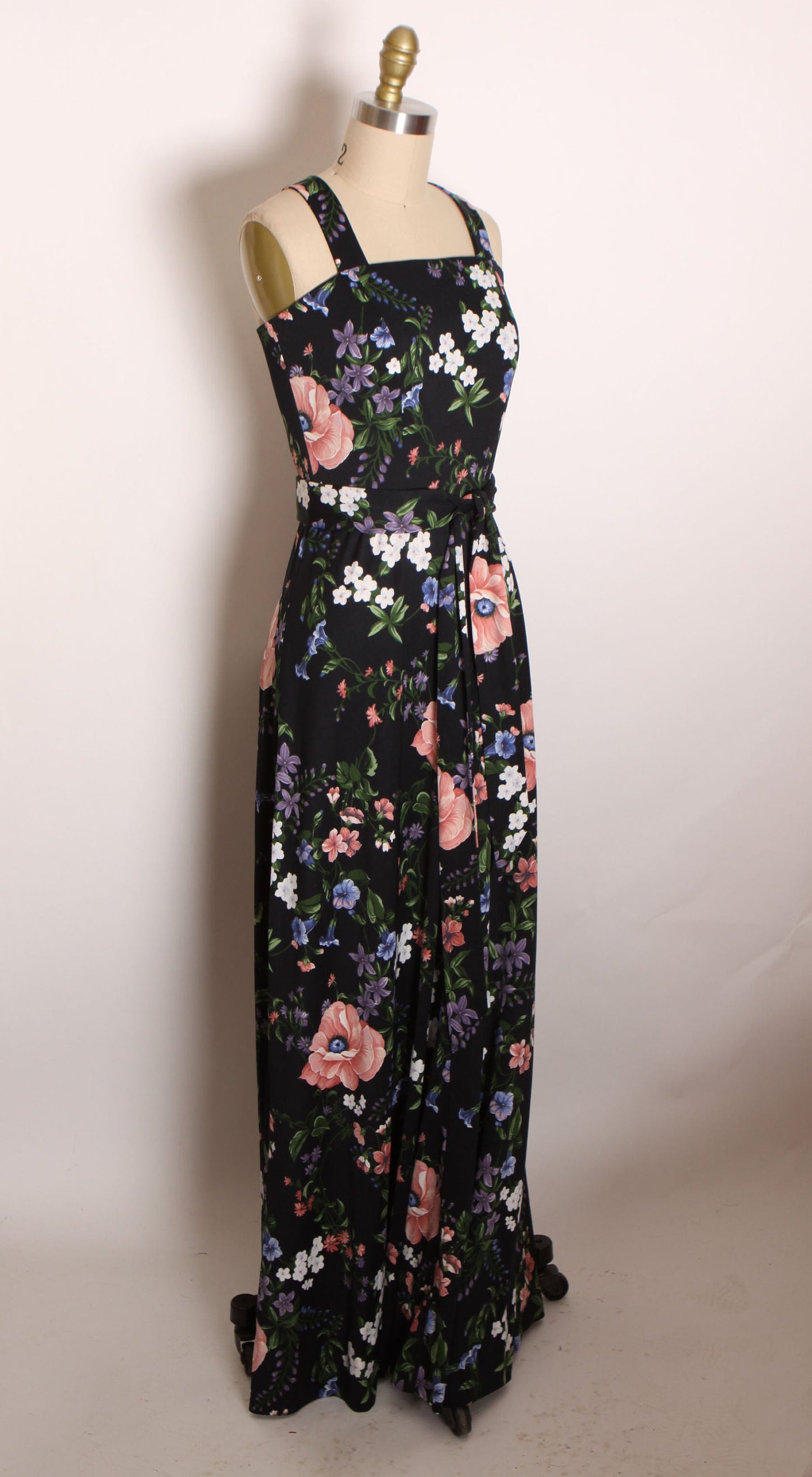 1970s Black, White, Blue, Green and Pink Floral Criss Cross Wide Strap Full Length Dress -S