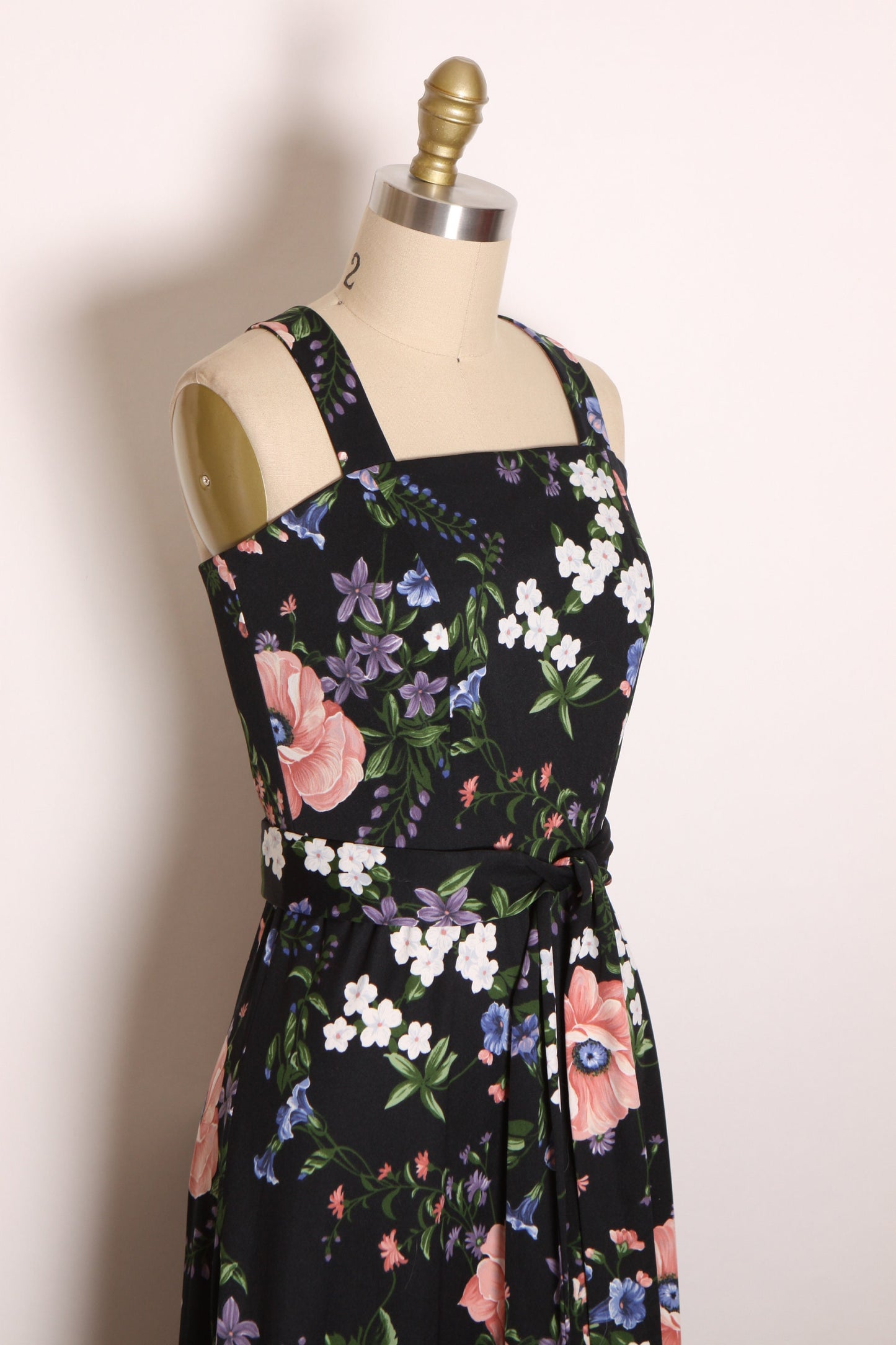 1970s Black, White, Blue, Green and Pink Floral Criss Cross Wide Strap Full Length Dress -S