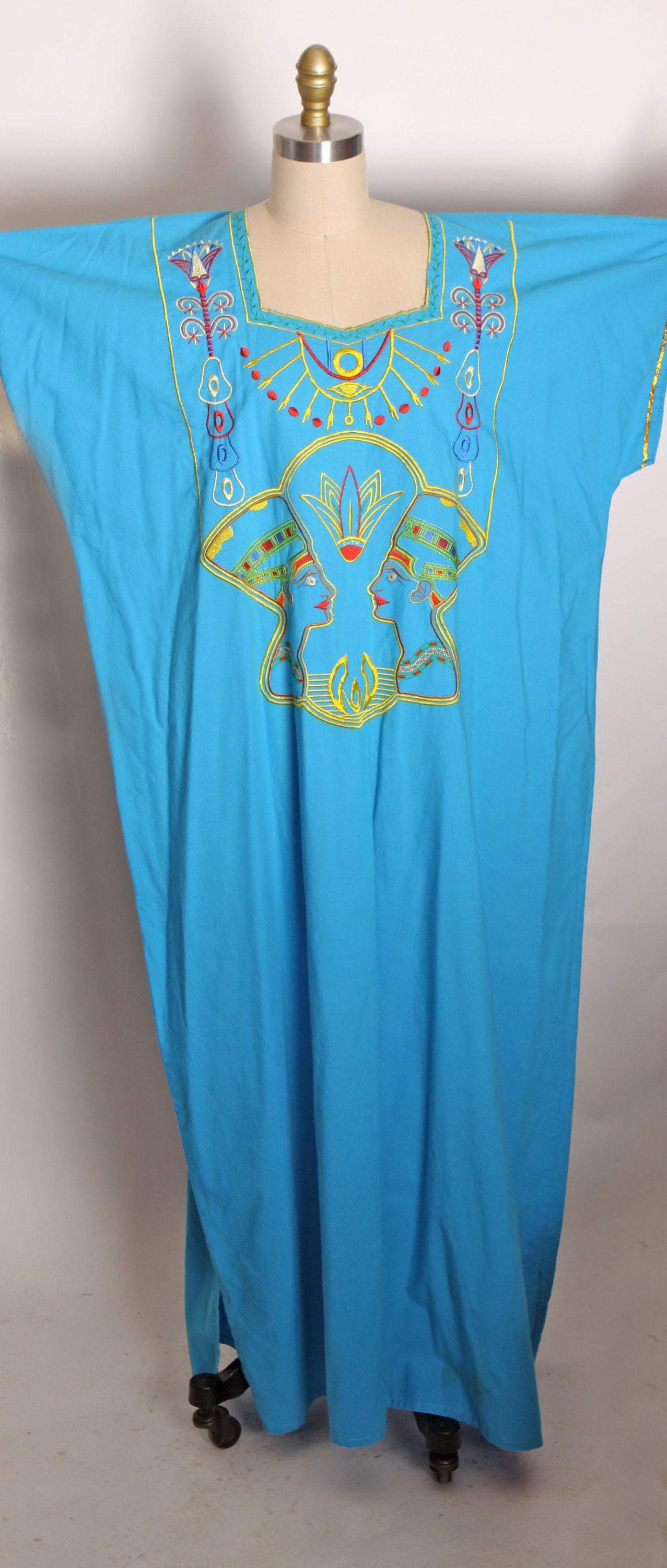 1980s Turquoise, Golden Yellow and Red Novelty Embroidered Egyptian Short Sleeve Caftan Dress