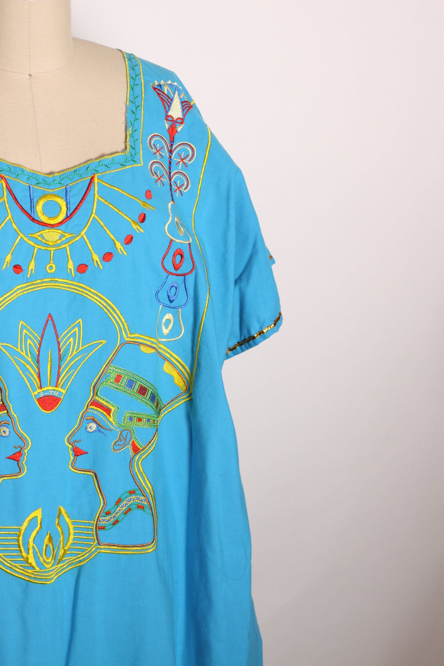 1980s Turquoise, Golden Yellow and Red Novelty Embroidered Egyptian Short Sleeve Caftan Dress