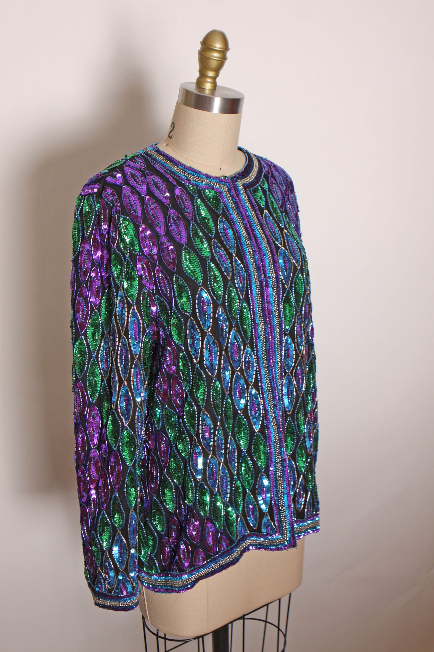 1980s Blue, Purple and Green Geometric Long Sleeve Beaded and Sequin Long Sleeve Cardigan Jacket Silk Jacket
