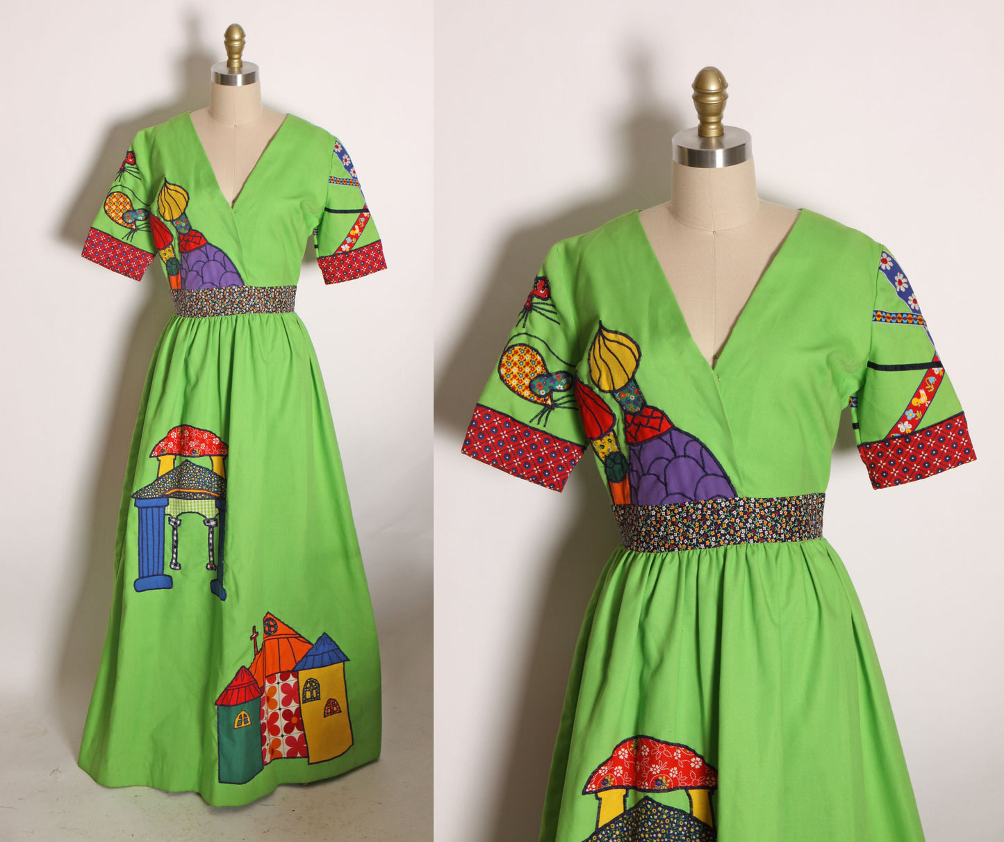 1960s Green Short Sleeve Full Length Architecture Pop Art Novelty Taj Mahal India Patchwork Embroidered Dress -S