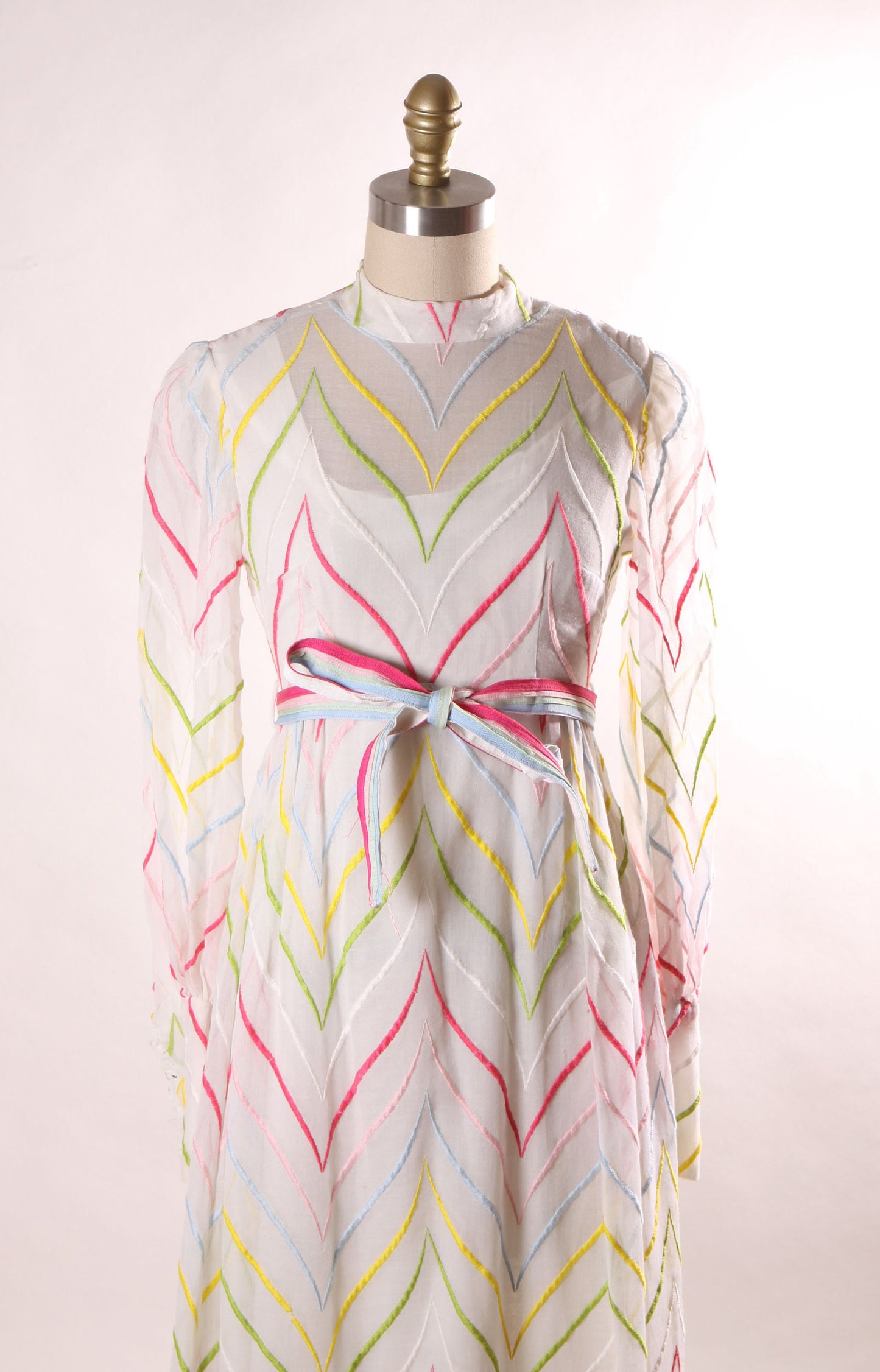 1960s White and Rainbow Striped Embroidered Long Sleeve Full Length Formal Cocktail Dress -XS