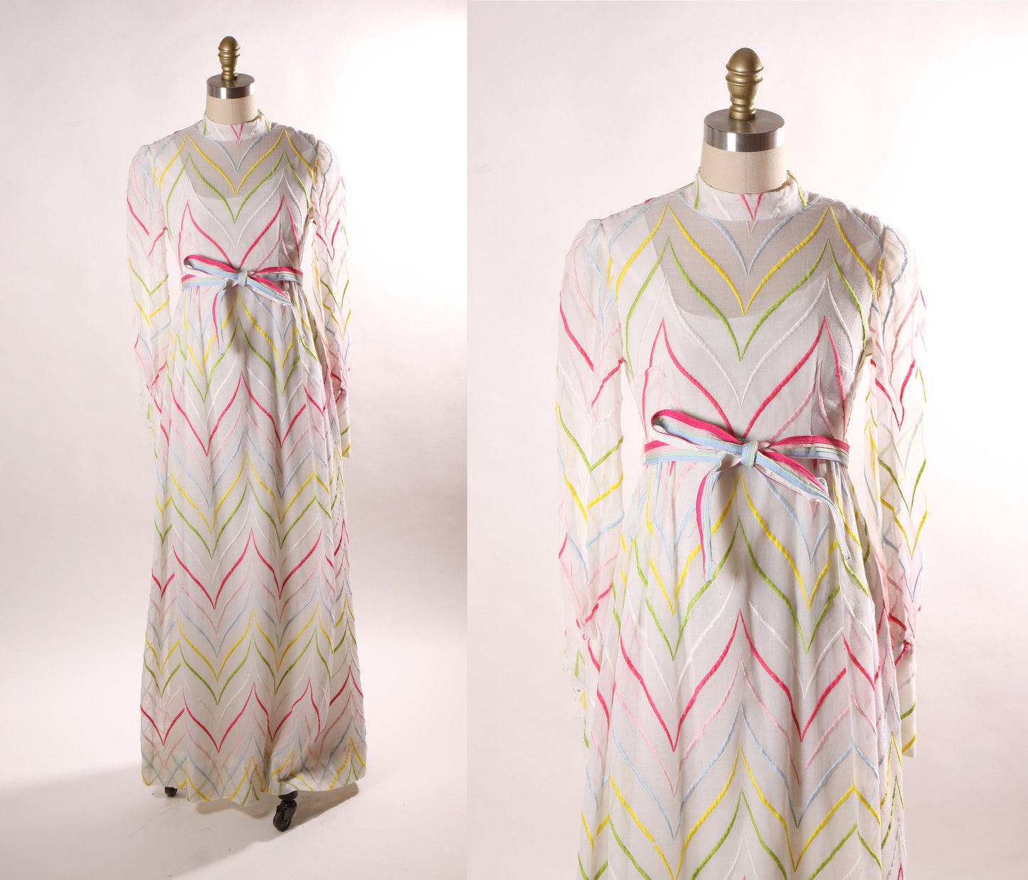 1960s White and Rainbow Striped Embroidered Long Sleeve Full Length Formal Cocktail Dress -XS
