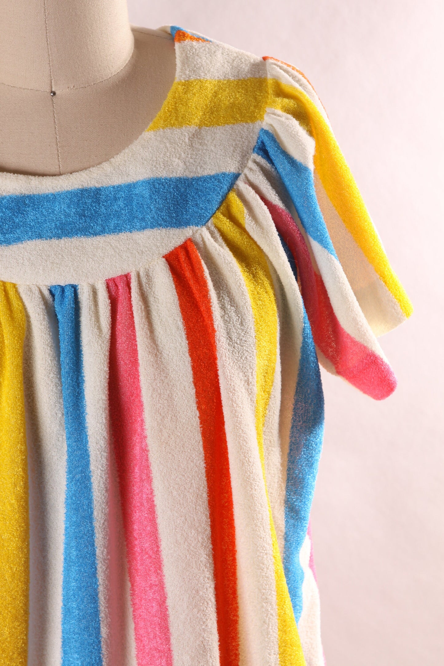 1970s White and Rainbow Striped Short Sleeve Pocketed Ankle Length Dress-S